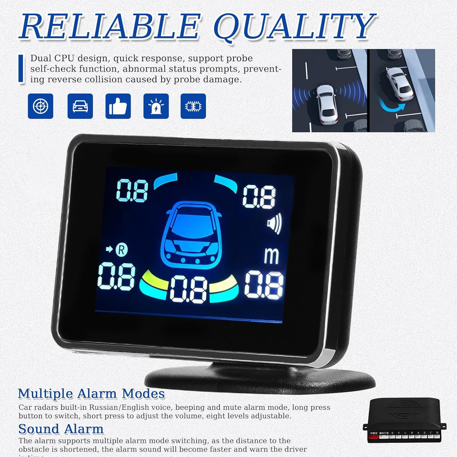ACAGALA Car Parking Sensor Reversing Radars System Front & Rear Support Sound Warning/Buzzer/Mute with 8 Parking Sensors Distance Detection LCD Distance Display Volumes Adjustable image number 4