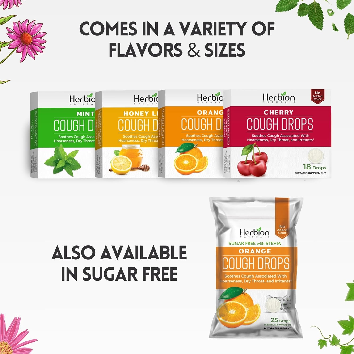 Herbion Naturals Cough Drops with Natural Orange Flavor, Dietary Supplement, Soothes Cough, for Adults and Children over 6 Years, 18 Drops, No Artificial Flavor, No Added Color.