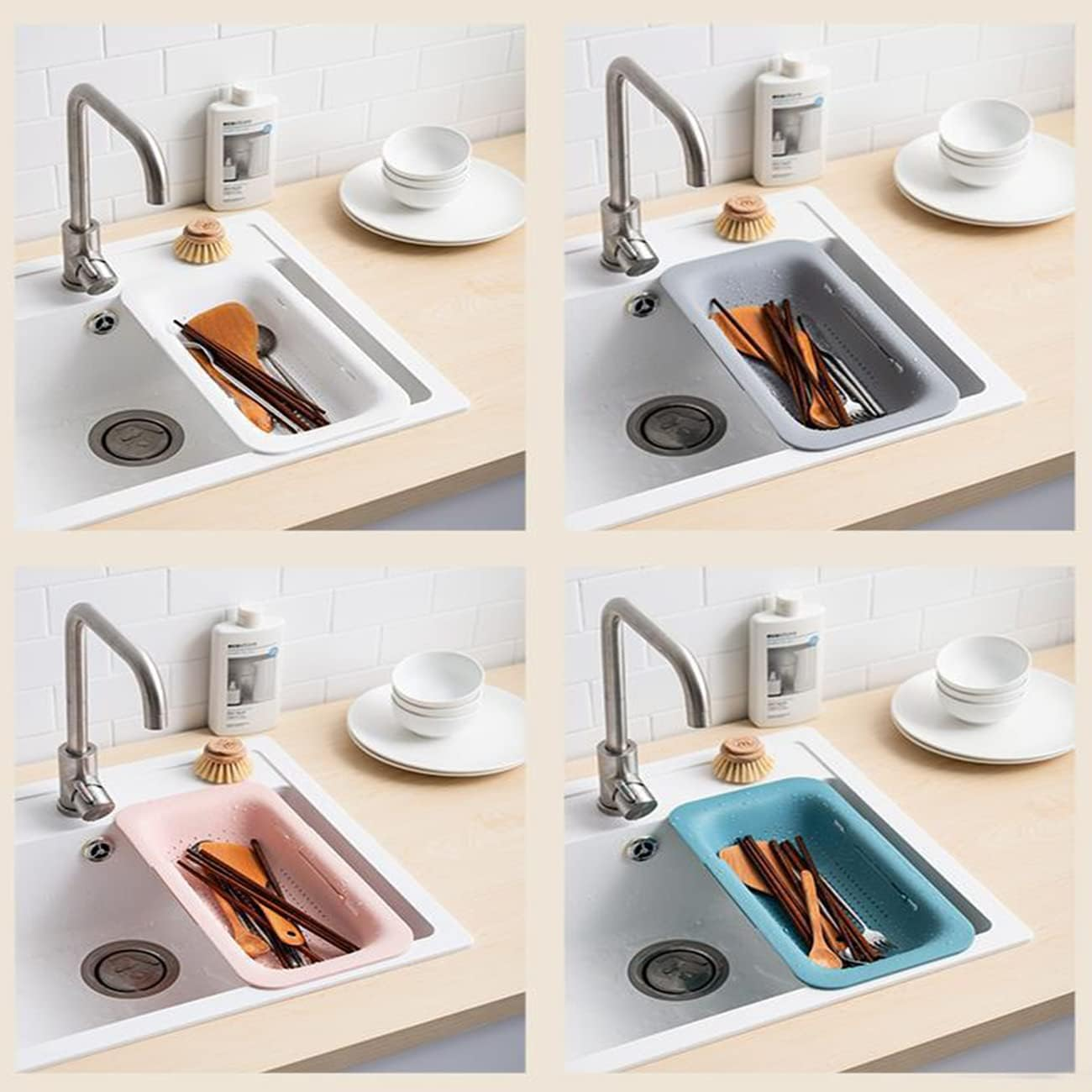 Over the Sink Colander Strainer Basket, QNLEMON Retractable Strainers for Cleaning Fruits and Vegetables, Draining Pasta, Home Kitchen Essentials (Pink)