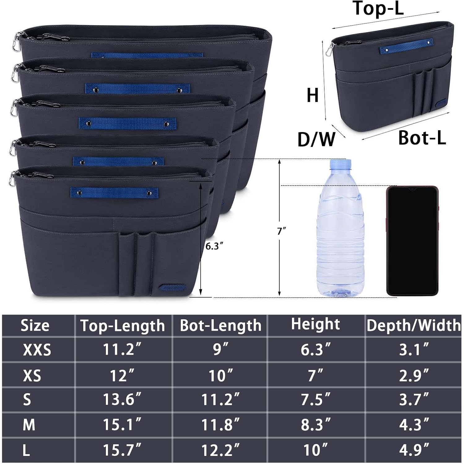 Purse Organizer Insert with Zipped Top for Tote Bag, Handbag Shaper with 13 Pockets Black M image number 1