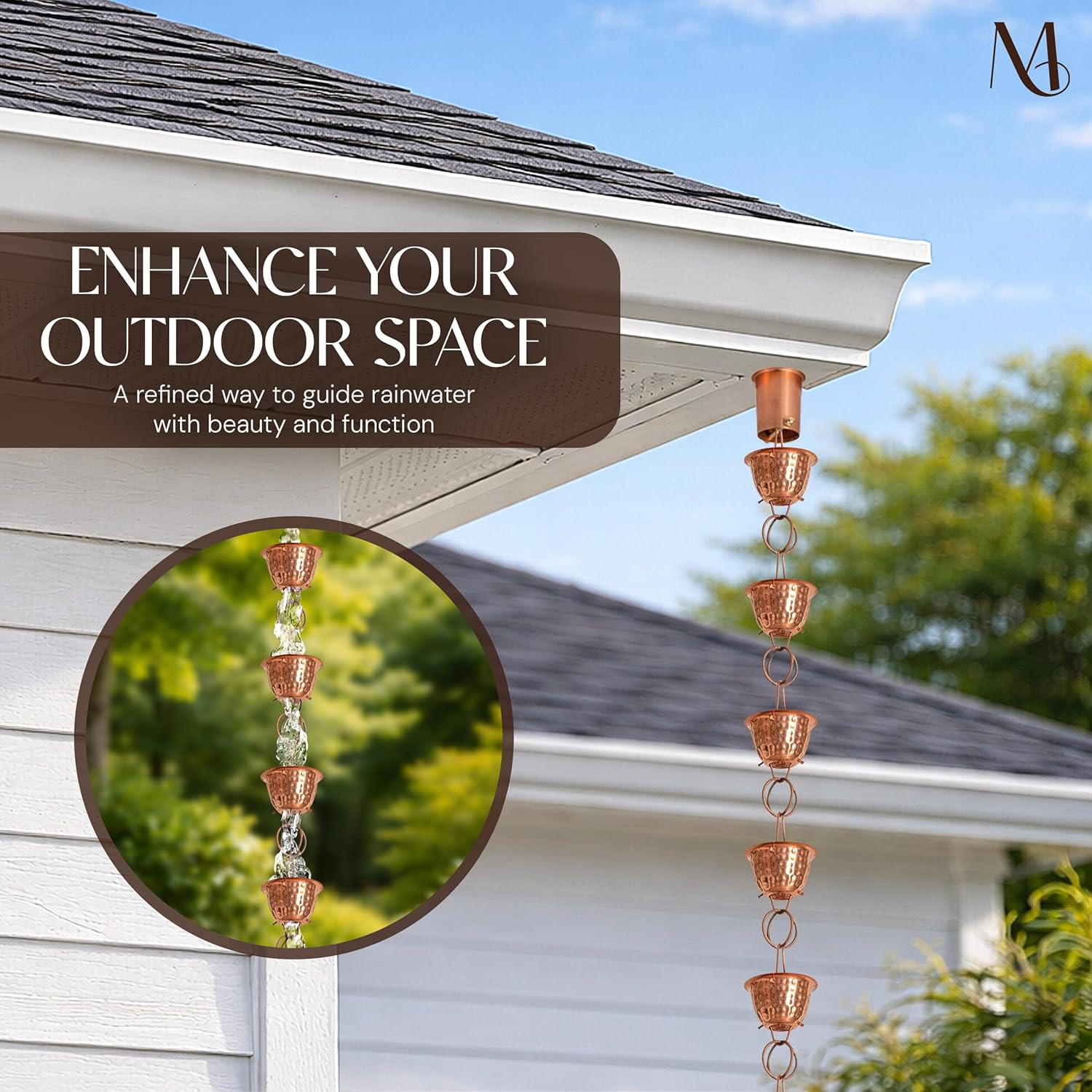 Monarch Rain Chains 26558 Pure Copper Hammered Cup Rain Chain Replacement Downspout for Gutters, 8-1/2 Feet Length image number 4