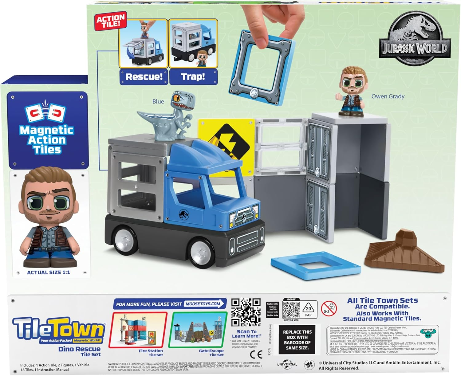 TILE TOWN Jurassic World Dino Rescue Magnetic Tiles Construction Building Set + Figures + Car, Kids 3-5+, New Action Tiles for Action Play, Realistic Builds, STEM Creative Toy image number 2