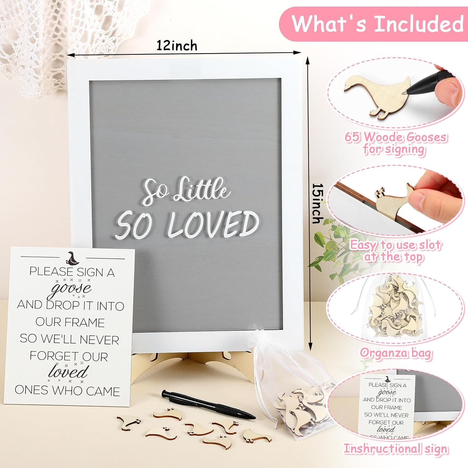 Chunful so Little so Loved Wooden Goose Token Frame, 1 Goose Baby Shower Frame Guestbook, Gender-Neutral Pregnancy Keepsake with 65 Signature Tokens and Pen, Gray and White image number 5