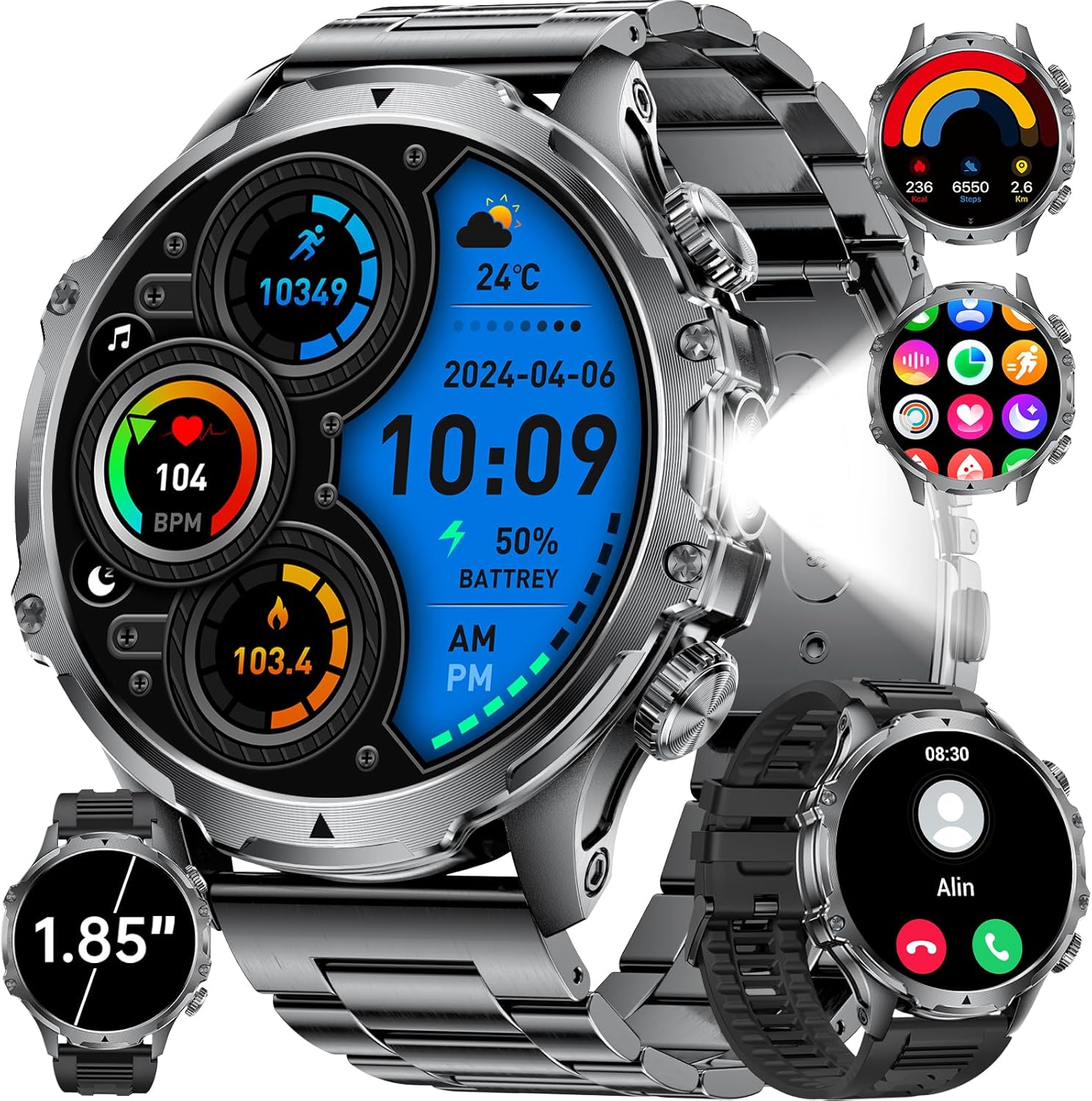 Military Smart Watch for Men (Answer/Make Calls),800Mah Large Battery,1.85" Big Screen Smartwatch with 100+Sport Modes Calories Pedometers Fitness Tracker Sports Watch,5Atm Waterproof for Ios Android image number 6