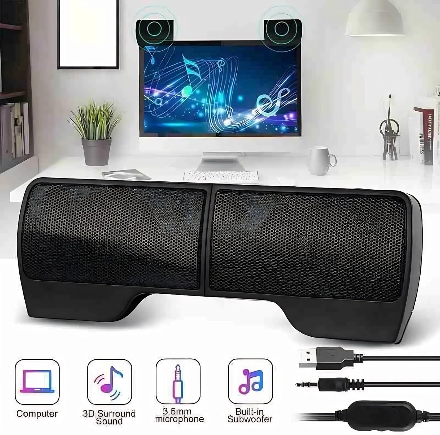 Laptop Speakers,High Sound Quality USB Powered Wired Monitor Soundbar Stereo Sound,Simple Operation Wired Laptop Speaker, for Monitor Notebook Tablets TV image number 4