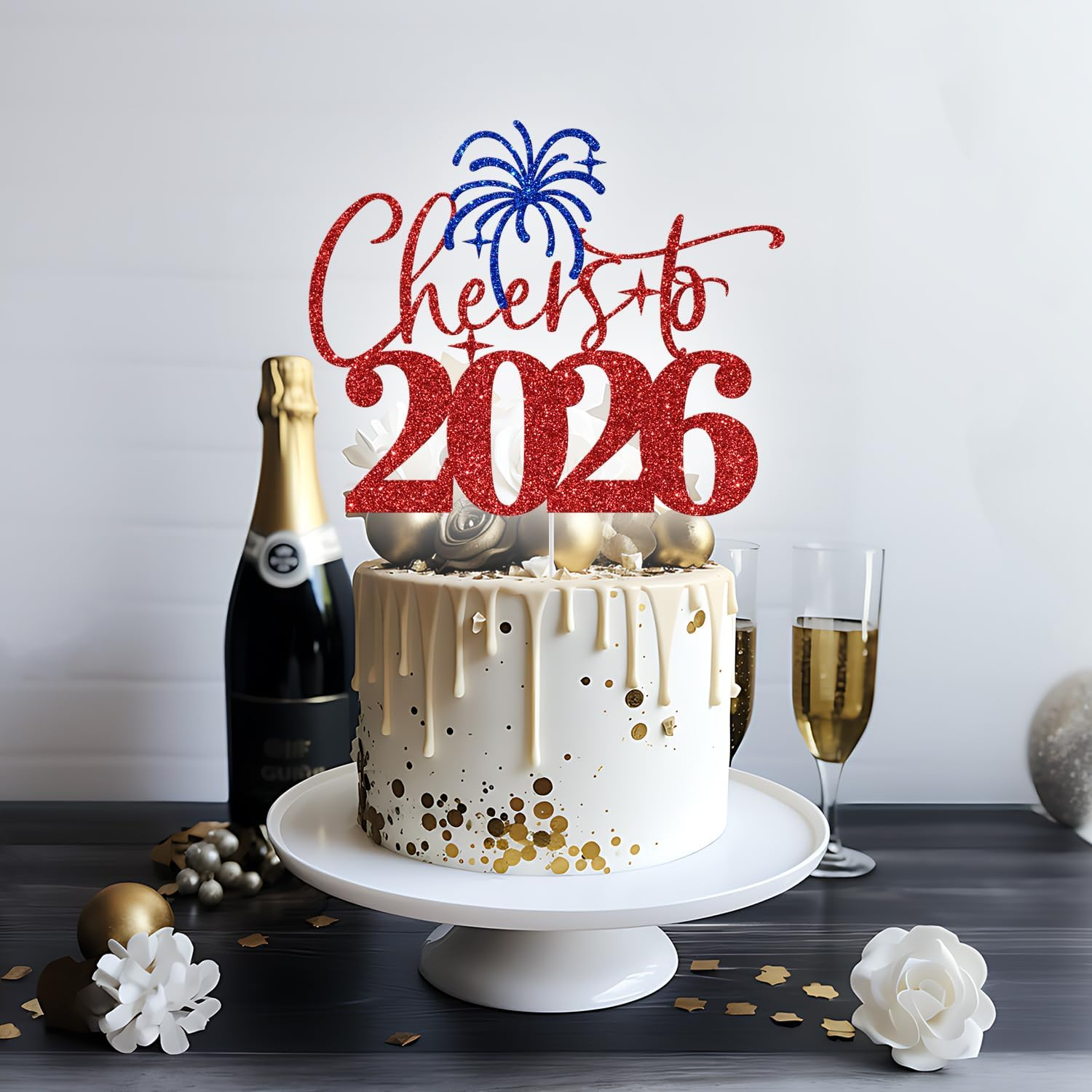 Cheers to 2025 Cake Topper, Happy New Year Cake Picks, Welcome 2025, New Year'S Eve/Christmas/Happy Holiday Party Decoration Supplies, Red & Blue Glitter image number 3