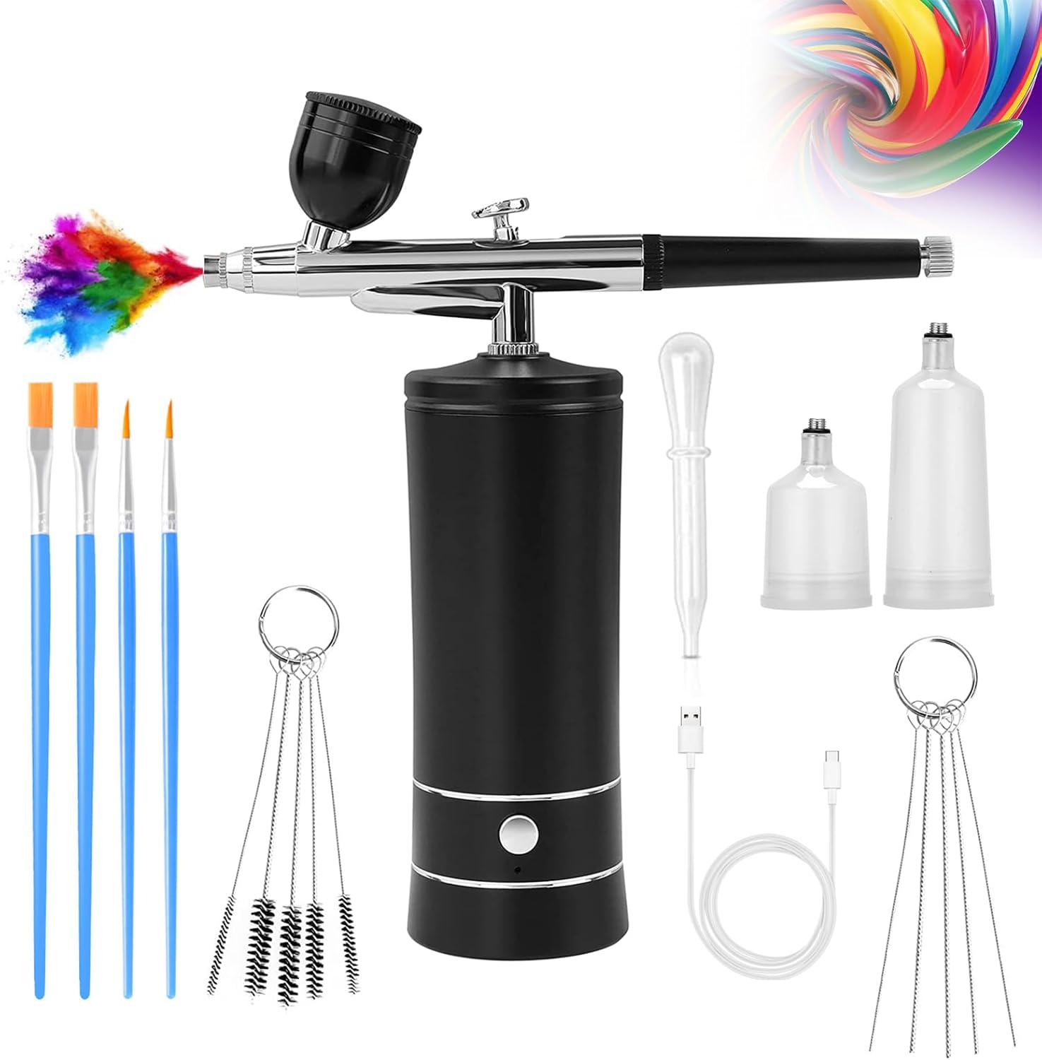 Airbrush-Kit Air Brush Kit with Airbrush Compressor Nail Charms Wireless Air Brush for Barber, Nail Art, Cake Decor, Makeup, Model Painting (Black)