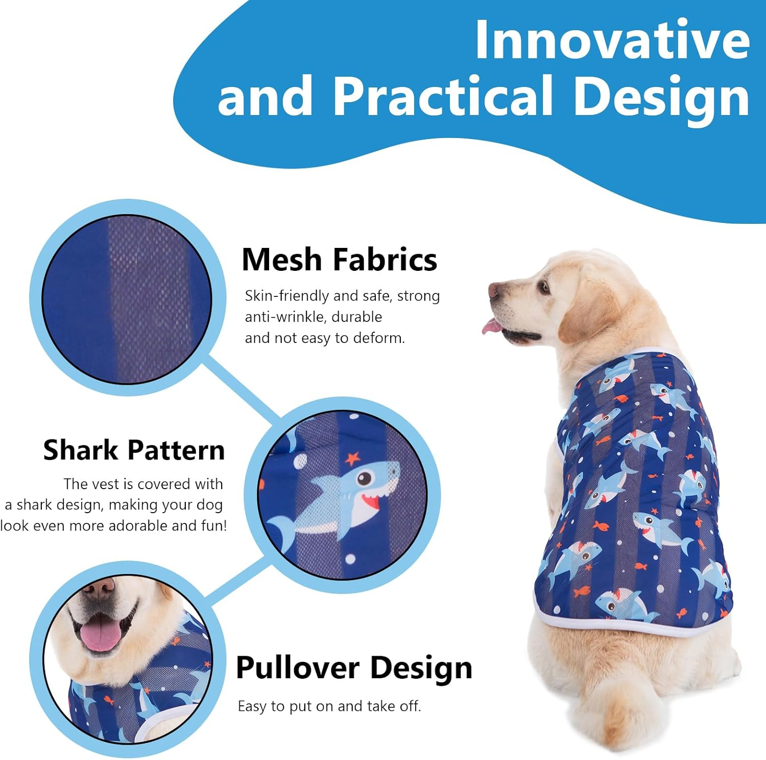 Dog T-Shirt, Cool Vest for Dogs, Lightweight Summer Shirt for Large Dogs, Ultra Thin Stretchy Dog Shirt, UV Protection, Breathable Shirts for Medium and Large Dogs, 3D Shark Print, Beachwear image number 3