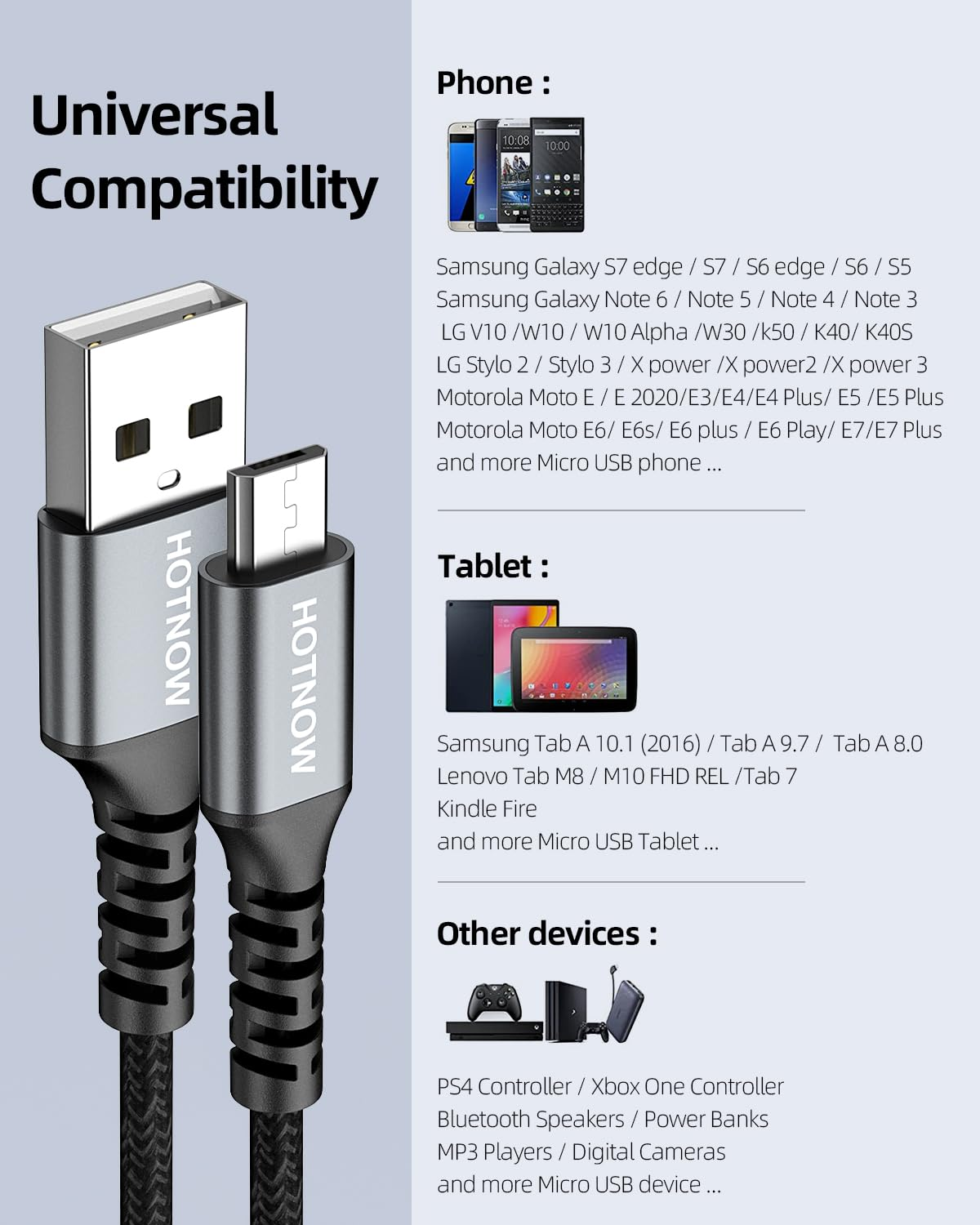 HOTNOW Micro USB Cable Android Charger Cable 1M 2Pack, USB 2.0 to Micro USB Cable 3A High Speed Fast Charging Nylon Braided Cord Compatible with Galaxy S7 S6,PS4, Kindle, Xbox One Controller, Sony image number 4