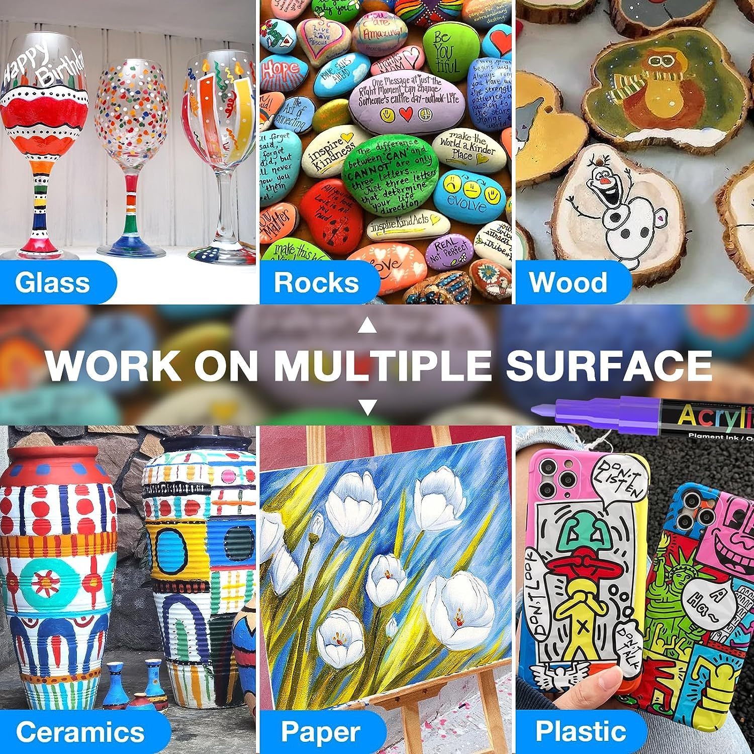 JR.WHITE Acrylic Paint Pens Paint Markers Set of 18: Fine Point for Rock Painting Glass Wood Ceramic Fabric Metal Canvas Easter Eggs Pumpkin Kit, Drawing Art Crafts for Adults Scrapbooking Supplies image number 5