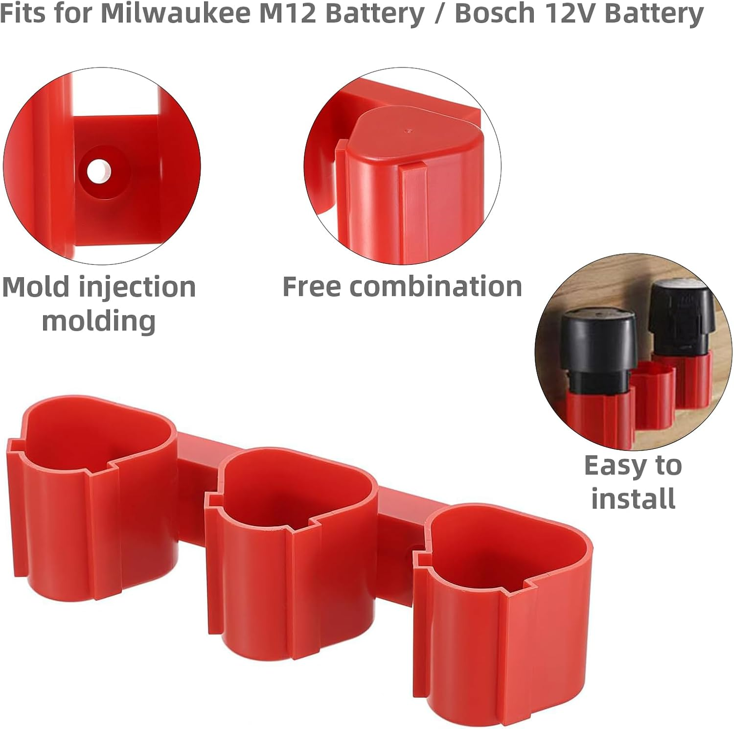 3Pcs 3-In-1 Battery Holders Compatible with Milwaukee M12 - Universal Battery Storage Holder for Milwaukee M12/Makita/Bosch 12V Batteries, Heavy Duty Tool Battery Organizer with Slots image number 3