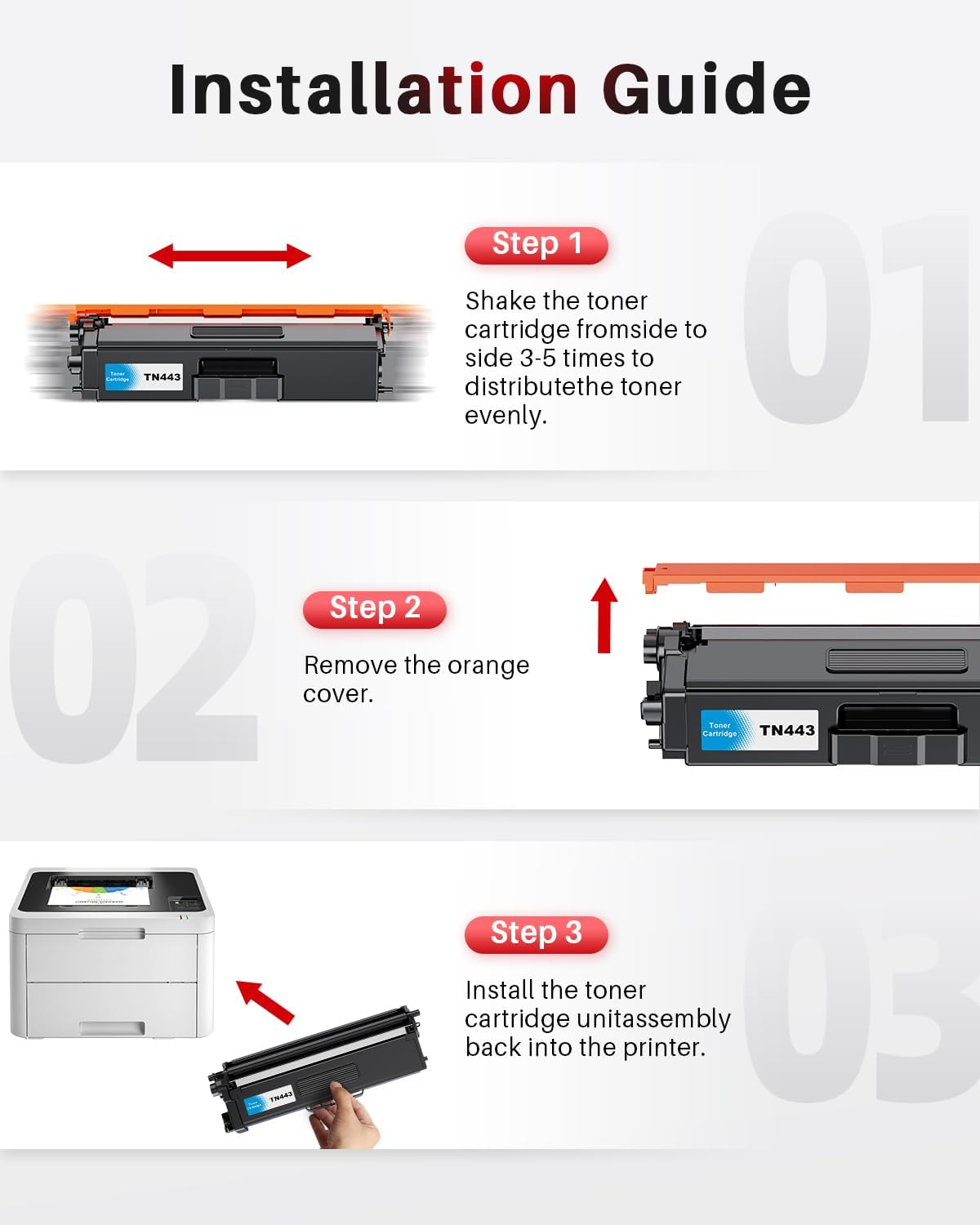 TN443 TN-443 Toner Cartridge Replacement Compatible for Brother TN443 TN 443 Use with HL-L8260CDW HL-L8360CDW MFC-L8690CDW MFC-L8900CDW HL-L9310CDW (4 Packs,Black, Cyan, Magenta, Yellow)