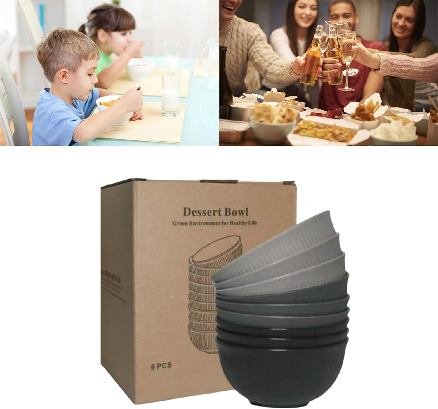 9 Pack Wheat Straw Bowls Reusable Salad Bowls,Durable & Lightweight, Perfect for Home, Parties, Camping, and Outdoor Use Dishwasher Safe (Dark Gray, Light Gray, Black) - Multicolor image number 3