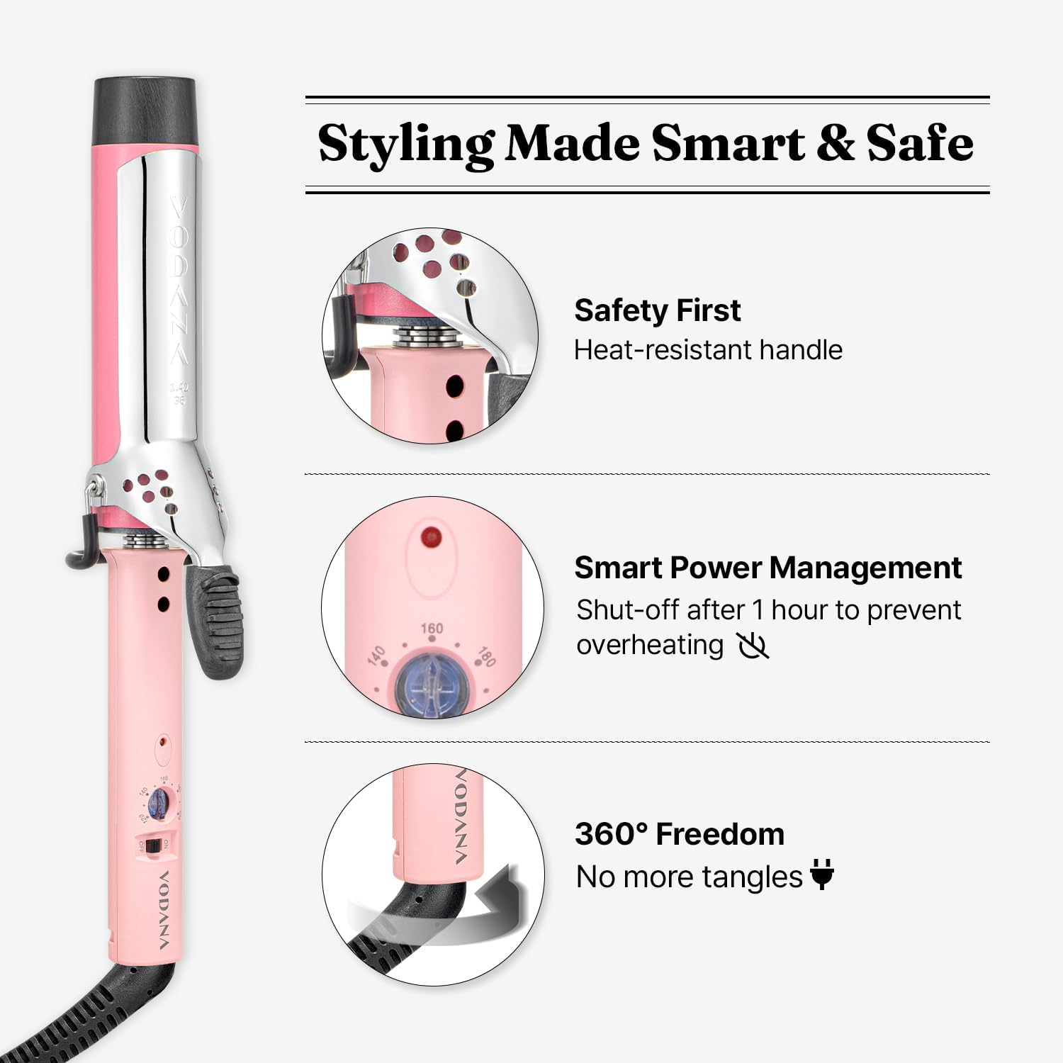 VODANA Professional Glamwave Ceramic Curling Iron, Long-Lasting Natural Curls, Instant Heat, Hair Curler, Curling Wand, Available in USA (1.4 Inch, Pink) image number 3