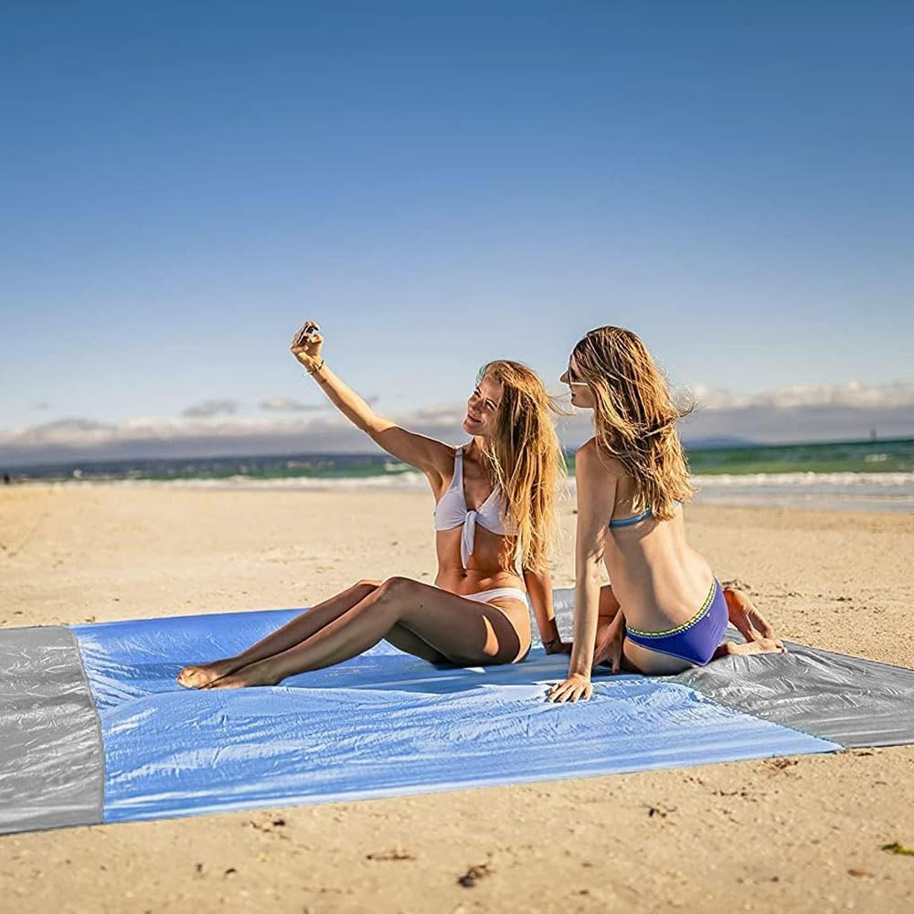 JZS Sand Free Beach Blanket, Oversized Lightweight Waterproof Large Picnic Mat with Storage for Travel Camping Hiking Picnic with 4 Corner Pockets(Blue) image number 4