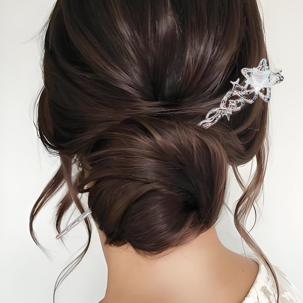 2Pcs Star Moon Hair Sticks for Buns Long Hair Metal Silver Hair Stick Pin Hair Chopsticks for Women Chinese Hairpin Hair Pin Vintage Hair Pins Hair Chopstick Hairstick Hair Accessories for Gifts image number 2