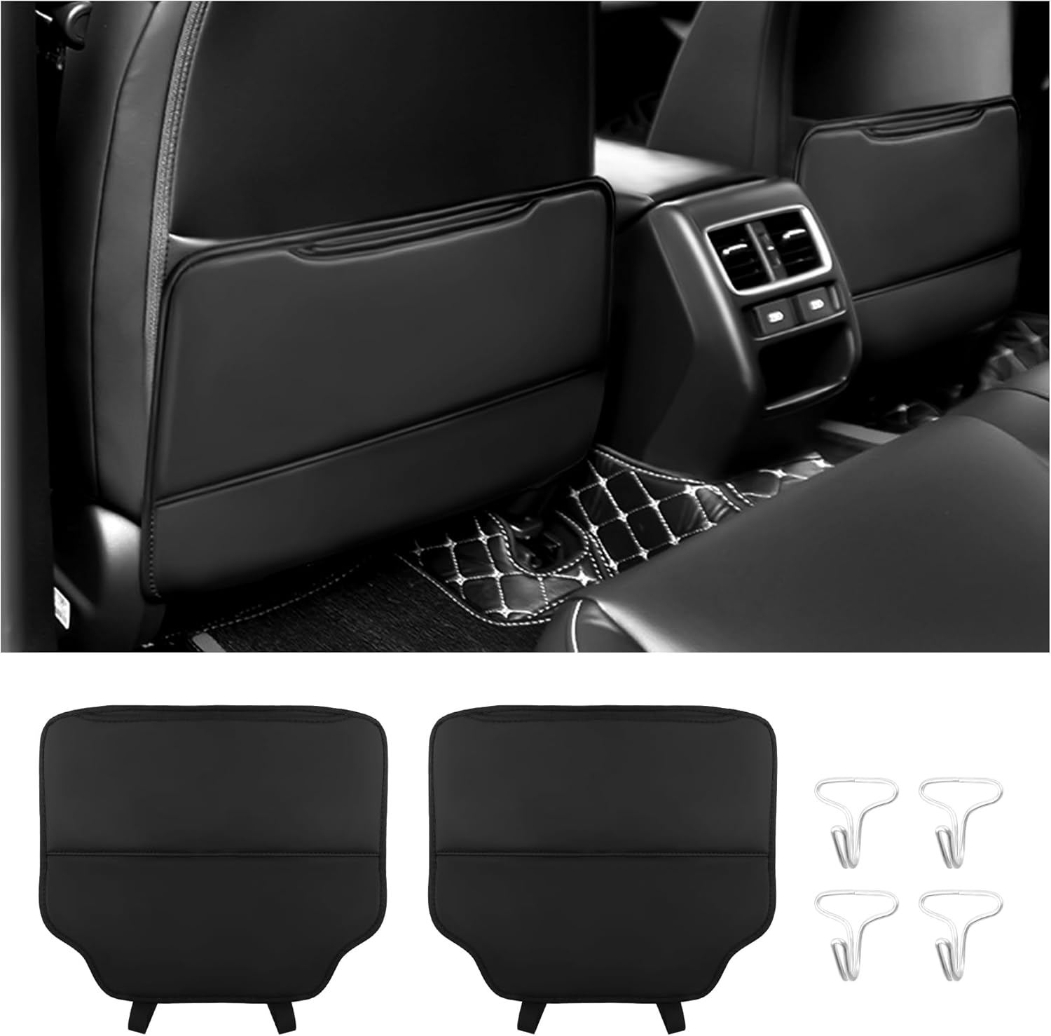 2PCS Leather Kick Mats Back Seat Protector,Storable Car Seat Kick Mats Keeps Car Interior Tidy,Universal Car Back Seat Organizer Car Accessories Fits Cars,Suvs,Trucks (Black)