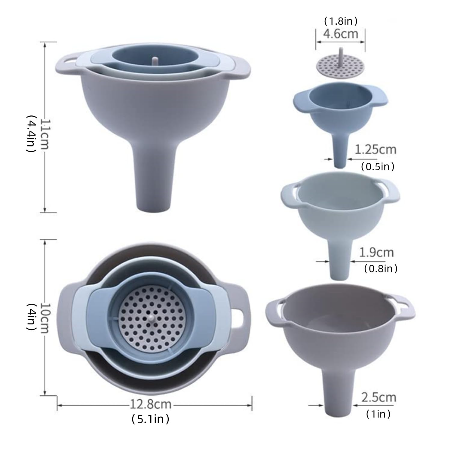 Taicols 4 Pcs Plastic Funnel, Kitchen Funnel with Detachable Strainer Filter, Large Wide Mouth Funnel with Strainer, 4 in 1 Kitchen Funnels for Filling Bottles, Stackable Funnels for Filling Bottles image number 3