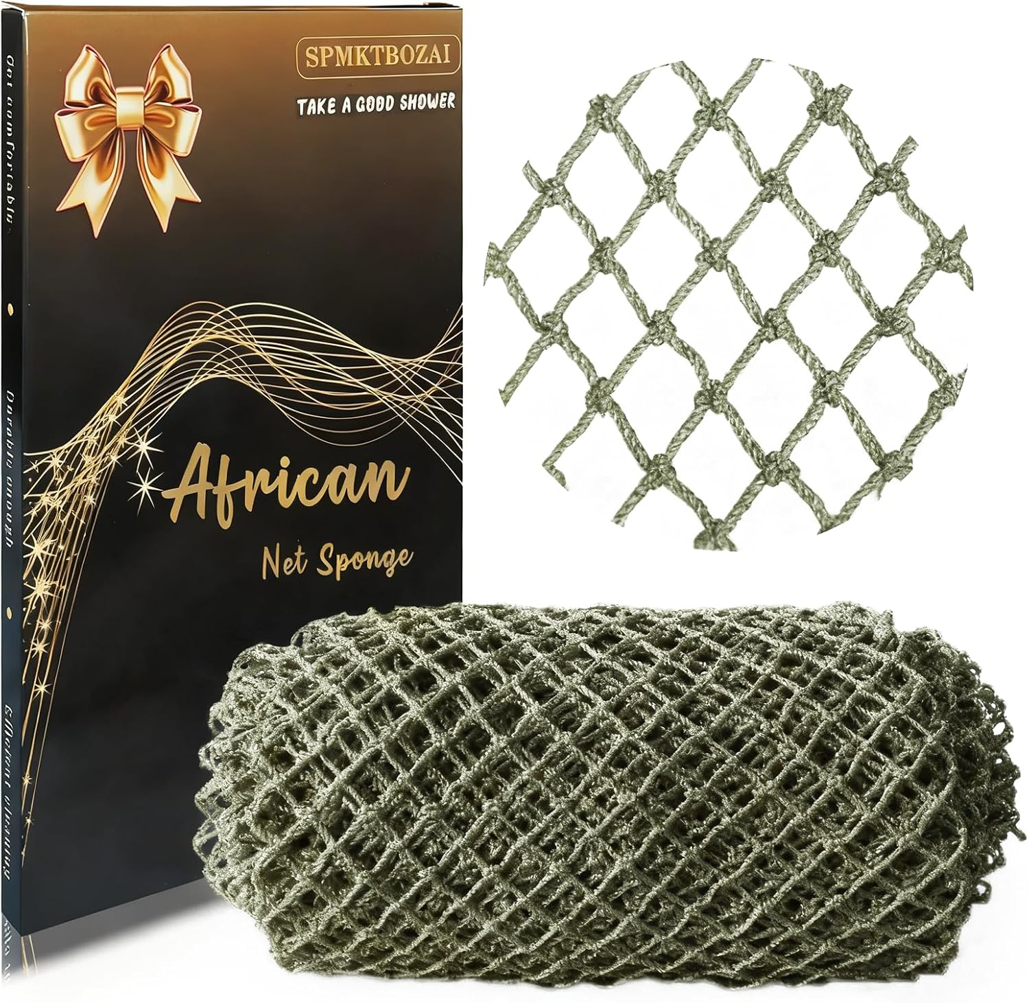 SPMKTBOZAI African Net Sponge Authentic, African Exfoliating Sponge Real African Net Black Owned, African Bath Sponge Back Scrubber, Body Exfoliator Shower Bath Accessories (Moss Green) image number 1