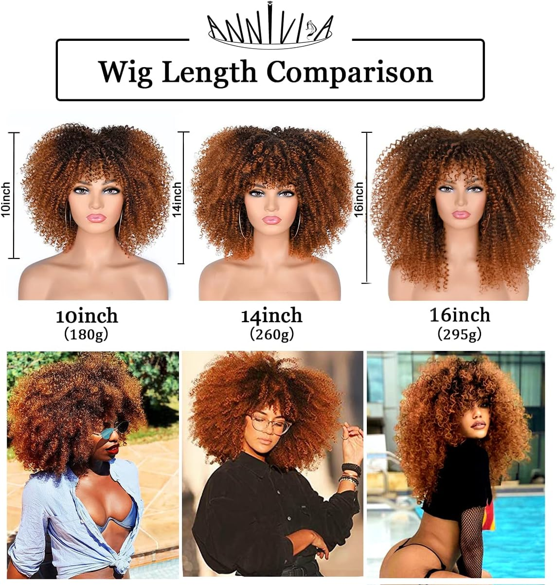 36Cm Afro Kinky Curly Wig with Bangs for Black Women Ombre Brown1B/30 No Glue Full and Fluffy like a Bomb Short Curly Hair Wigs - Ombre Brown image number 5