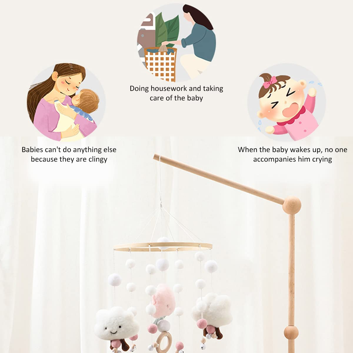 Baby Crib Mobile Arm Wooden Crib Mobile Holder Non-Slip Crib Mobile Bed Bell Holder Arm Nursery Mobile Hanger DIY Baby Crib Mobile Hanger for Crib Nursery Decor Infant Toy Gift,1.0 Set