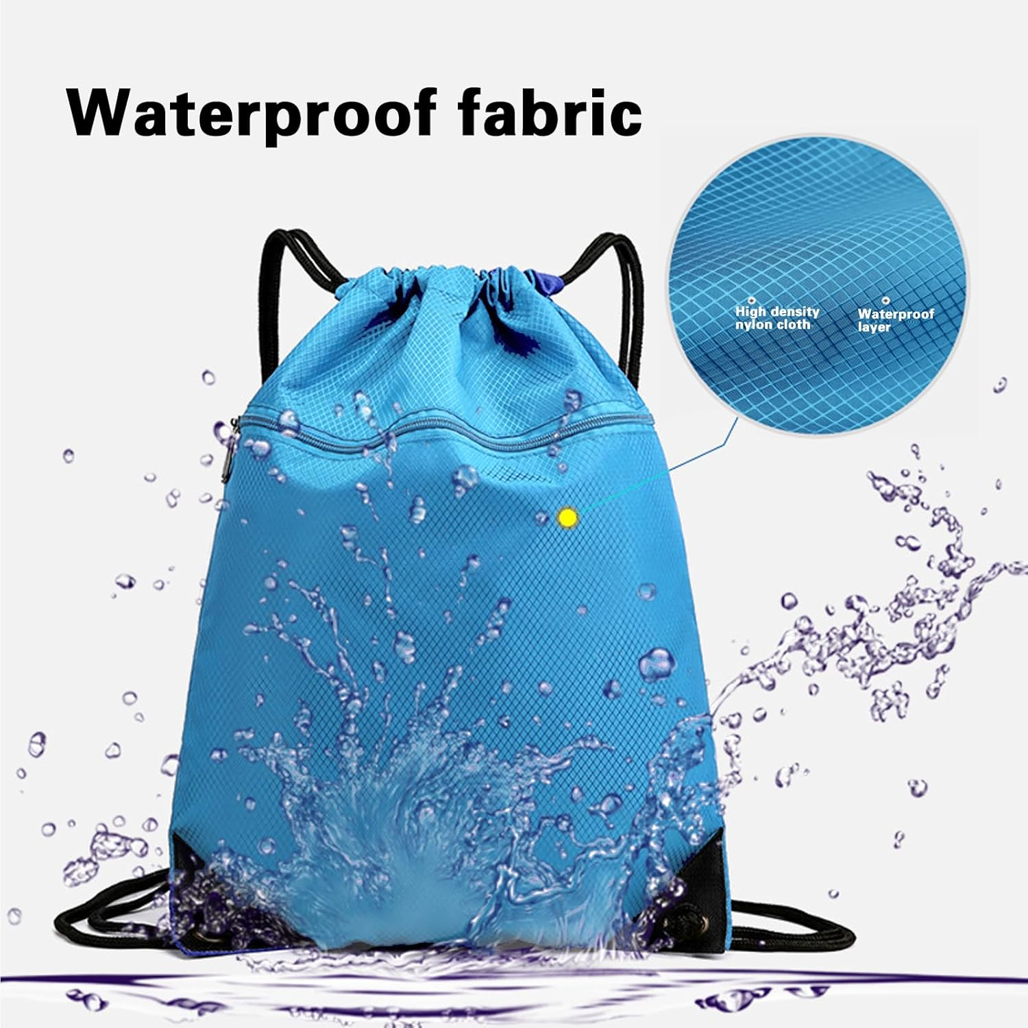 Waterproof Drawstring Backpack - Durable Gym Sackpack for Sports, Hiking, Travel & Camping | Basketball, Swim Bag with Zipper Pocket & Thick Shoulder Straps - Black image number 6