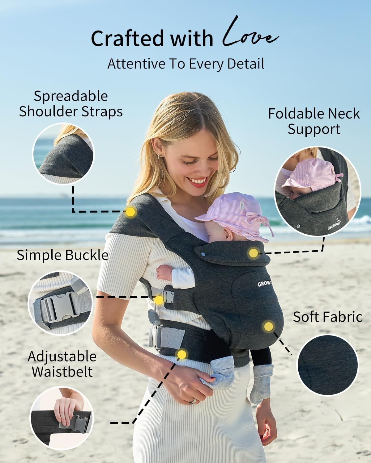 GROWNSY Baby Carrier, Ergonomic Carrier for Newborn to Toddler (0-36 Months & 3KG-18KG), Hands-Free with M-Position Hip Safety, Adjustable Head Support & Breathable Design, Deep Grey image number 4