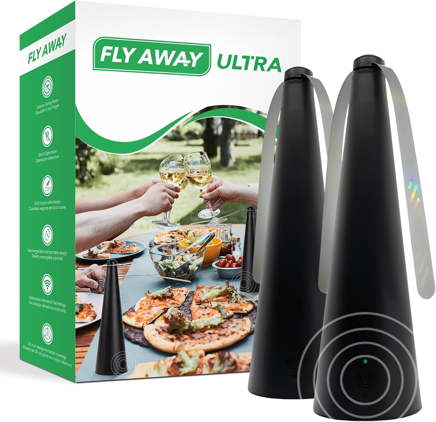 Fly Away Ultra - 2 Pack Rechargeable Outdoor Fly Fans for Tables with Ultrasound, Outdoor or Indoor Tabletop Use, Restaurant, Barbeque, Events, Deter Flies, Wasps, Bees, Moscas and Bugs, Hanging Hook. image number 4