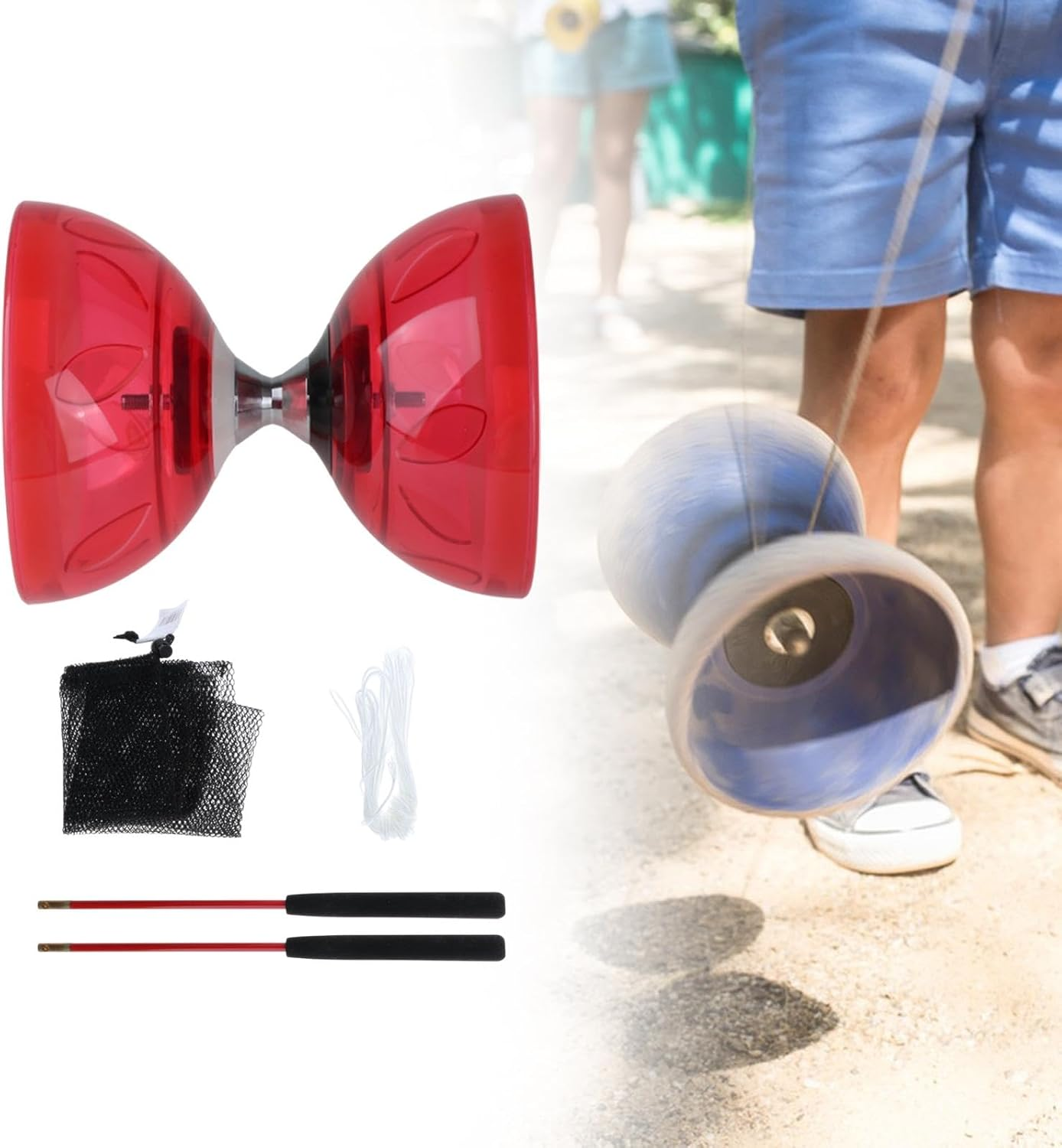 EHJRE Diabolo Toy Set with Sticks and Ropes for Juggling Fun for Kids and Adults, L Red - L Blue image number 4