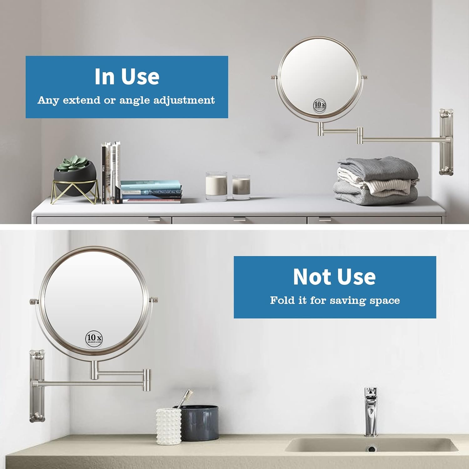 Yinjupu Makeup Mirror with Adjustable Height, Rechargeable 1X/10X Wall Mounted Makeup Mirror Magnifying Dimmable Double Sided 8'' Vanity Mirror (Adjustable Brush)