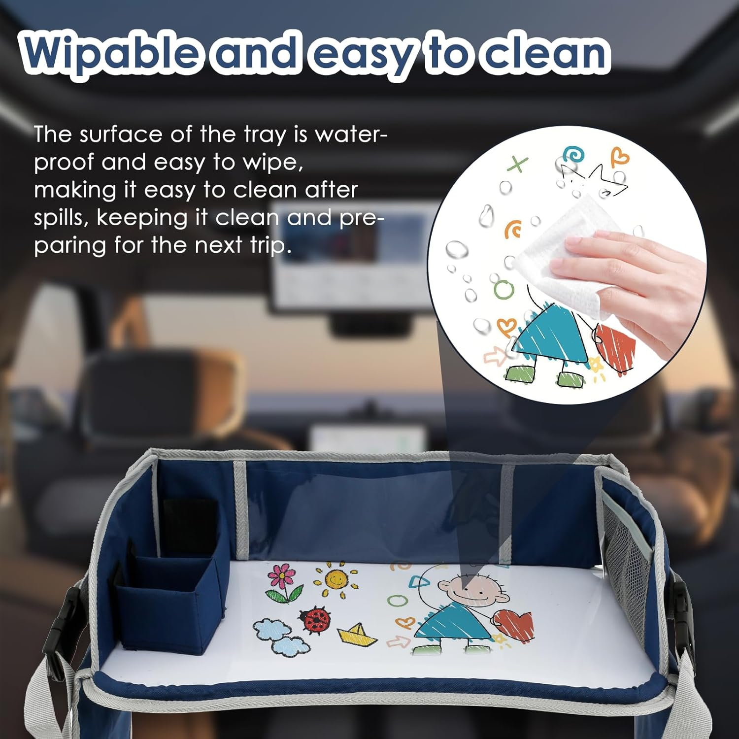 Car Seat Tray Travel Lap Desk Accessory with Adjustable Strap Portable Easy to Clean Car Seat Tray Large Multifunction Backseat Tray Table Holder for Your Child'S Rides and Flights (Navy Blue) - Navy Blue image number 2