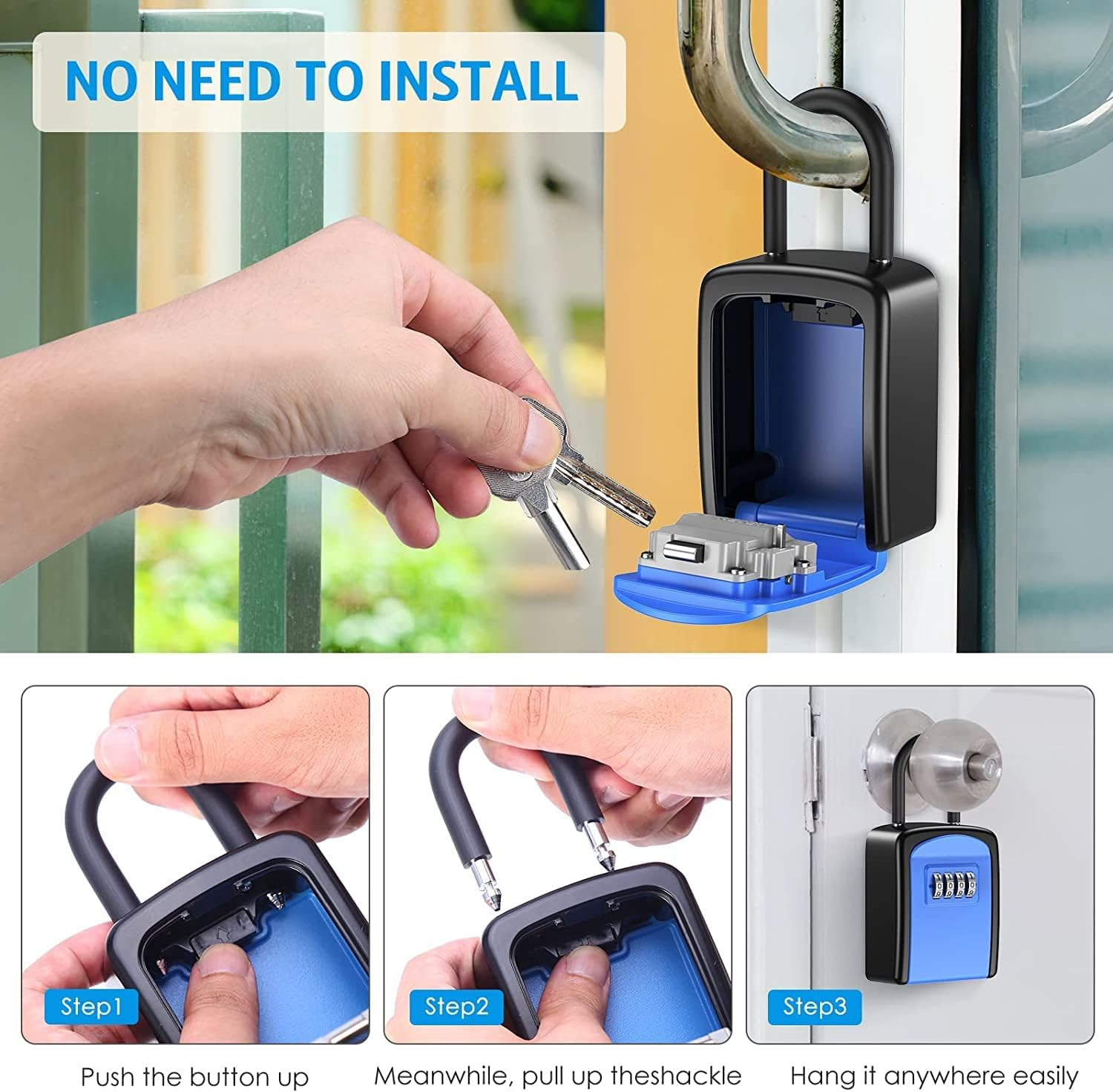 Key Lock Box, Wall Mounted Key Safe Box, Weatherproof 4 Digit Combination Key Storage Lock Box, 5 Keys Capacity with Removable Shackle for Indoor Outdoor, Small Size 3.66Inch - Blue image number 5
