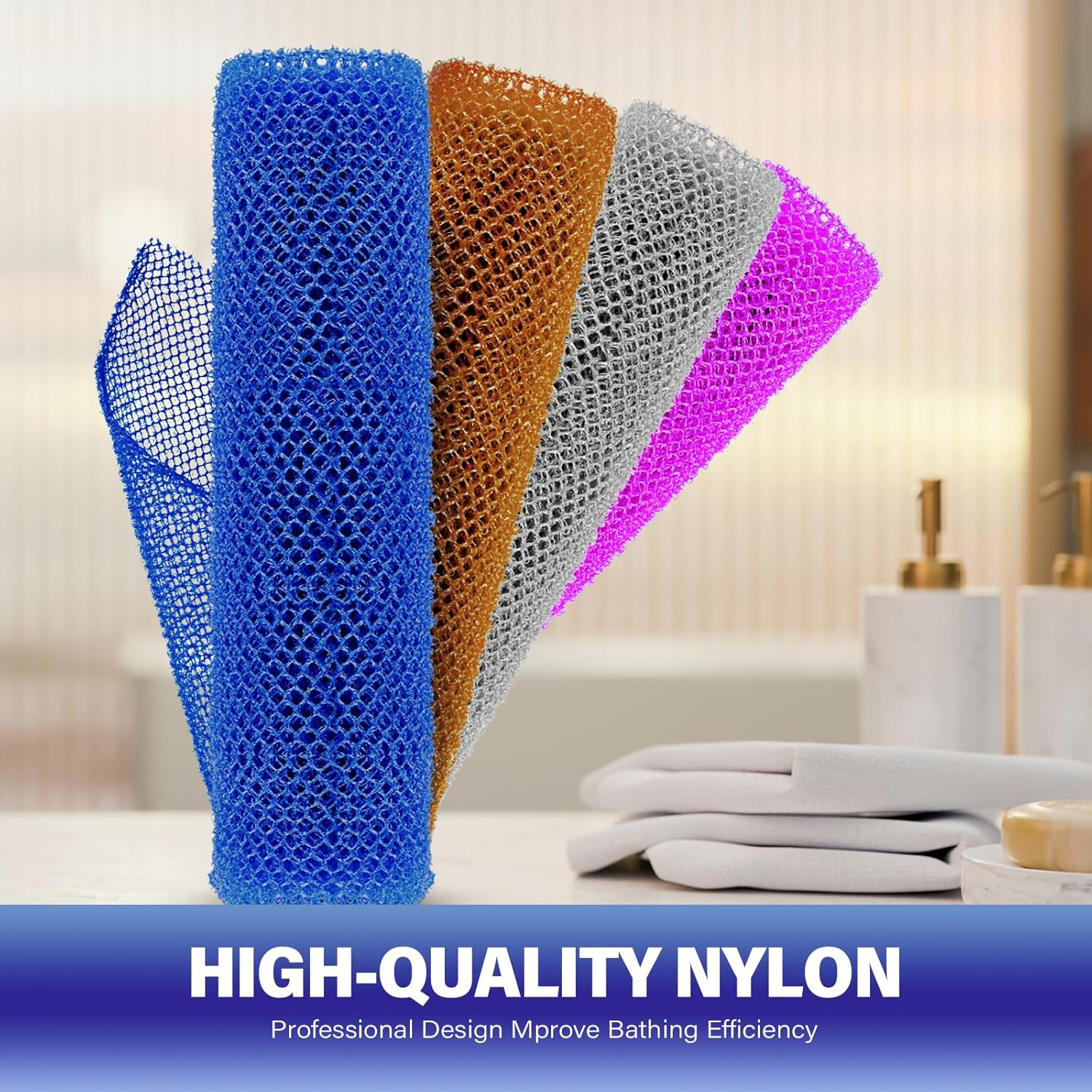 4 Pieces African Bath Sponge African Net Long Net Bath Sponge Enjoy Luxurious Exfoliation, Deep Cleansing, and Silky Smooth Skin Every Day(Brown, Blue, Purple,Grey) image number 6