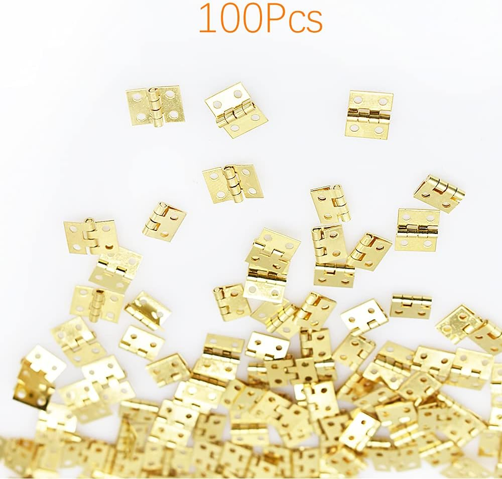 SHRJ 100Pcs Mini Brass Hinges Hardware 10 X 8Mm 180 Degree Miniature Furniture Wooden Box Jewelry Chest Box Dollhouse Cabinet DIY Accessories (Gold) - Silver image number 5