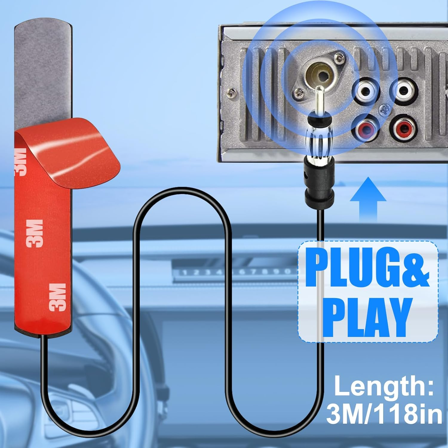 Universal Car Radio Antenna AM FM Hidden Windshield Adhesive Mount Patch Antenna with Cable and DIN Plug Connector for Vehicle Truck SUV Carstereo Media Receiver -10Ft/3Meters image number 6