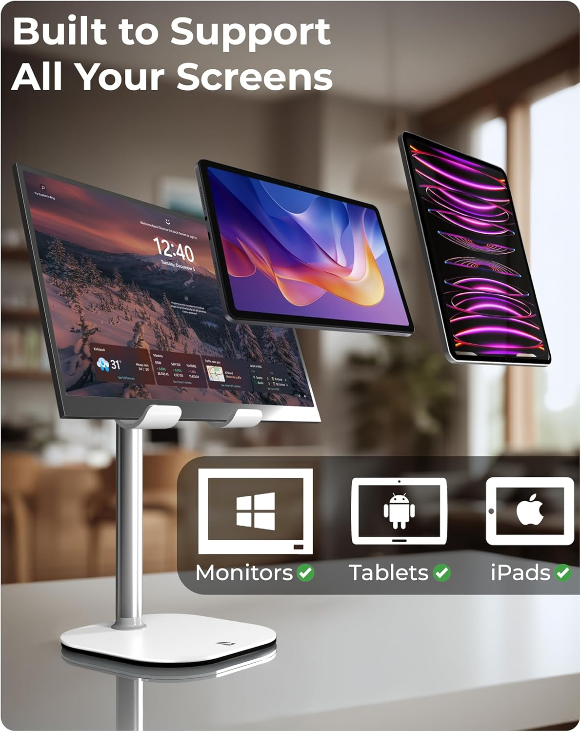 Cooper Tabholder, 7-10" Height Adjustable Tablet Stand, Premium Ipad Stand for Desk, 270&deg; Tilt Portable Monitor Holder for 15.6-17" Displays, for All Ipad, Kindle, Surface, Samsung Tablets (White) - Cream White image number 3