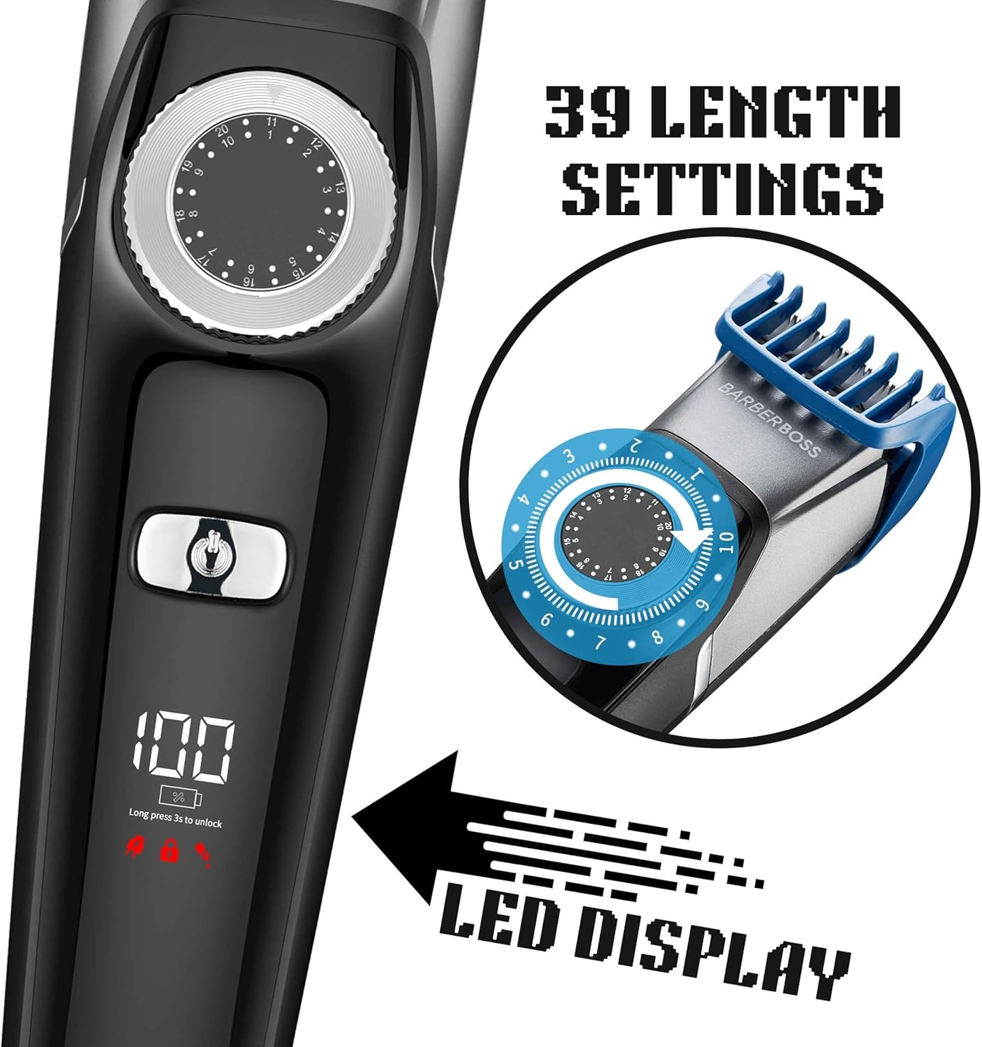 Barberboss Men'S Trimmer Waterproof 3 in 1 Hair Trimmer Hair Beard Nose Hair Trimmer with Adjustable Rotary Knob, LED Display and USB Charging Kit for Men