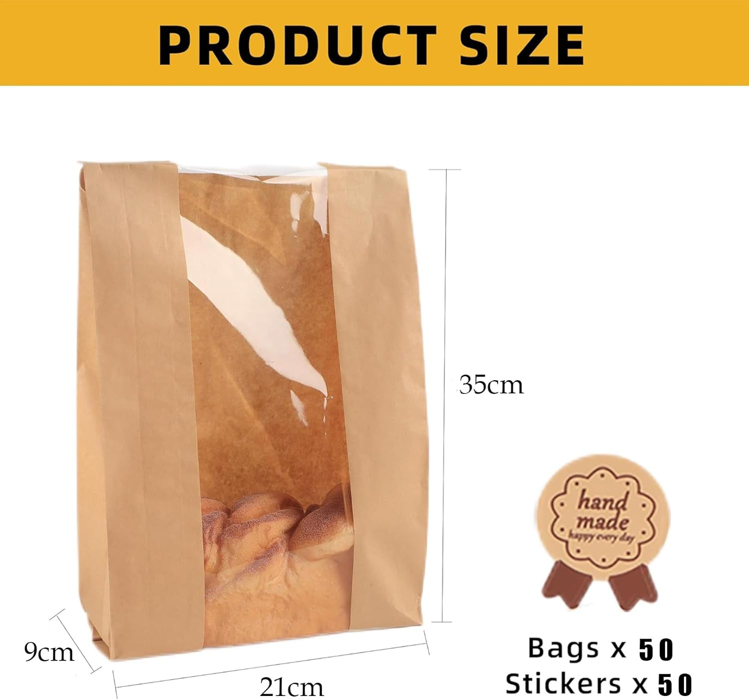 MKUCCD 50PCS Paper Bread Bags with Handmade Stickers, Large Kraft Homemade Bread Sourdough Bags with Clear Window Baked Food Packaging Storage (31X21X9 Inch) image number 3