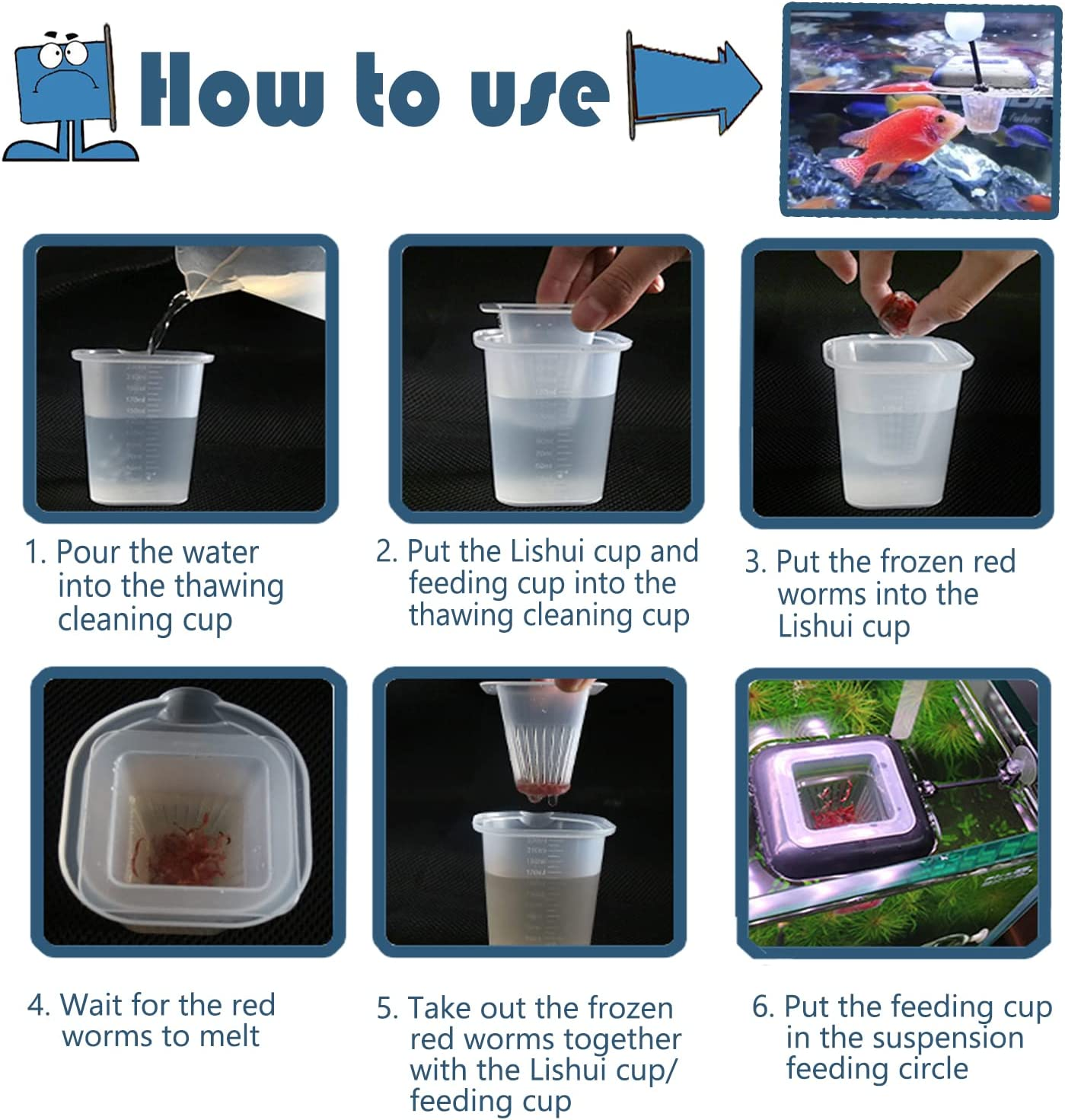 FLOURITHING Multi-Function Fish Feeder Ring Set Aquarium Fish Tank Live Red Worm Food Feeder Plant Cone Cup Feed Thaw Measuring Cup Shape Basket for Feeding Feeding Fish Aquatic Pet for Betta - Blue image number 2