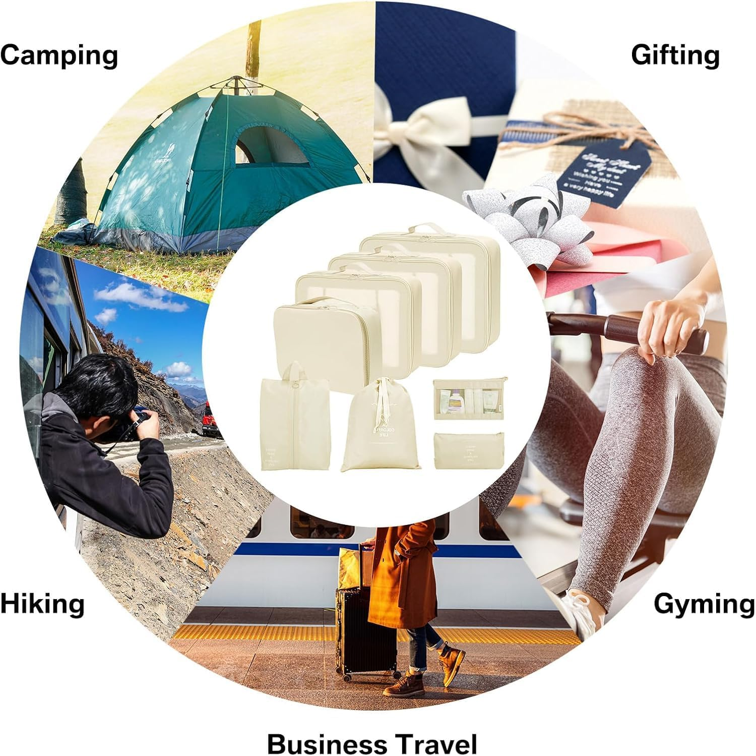 My Corgi Living 8-Piece Cube Travel Luggage Organizer Set - Efficient Luggage Separators & Travel Storage Cubes with Toiletry Makeup Bag, Shoe Bag - Perfect for Families, Men & Women (Beige) image number 4