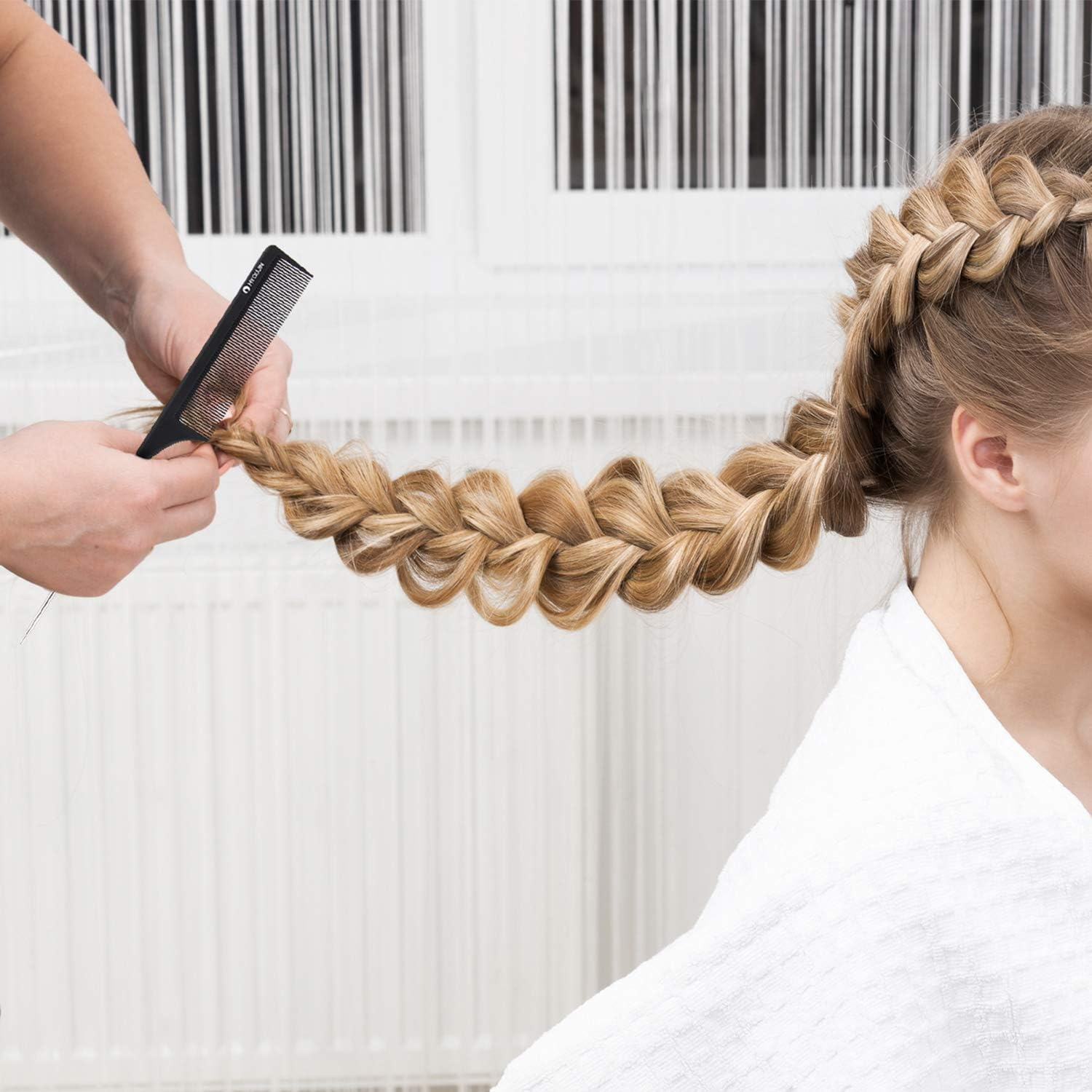 HYOUJIN 608 Black Carbon Rat Tail Combs Pin Tail Comb 100% anti Static 230℃ Heat Resistant Metal Parting Combs with Non-Skid Paddle for Hair Styling - Black image number 6