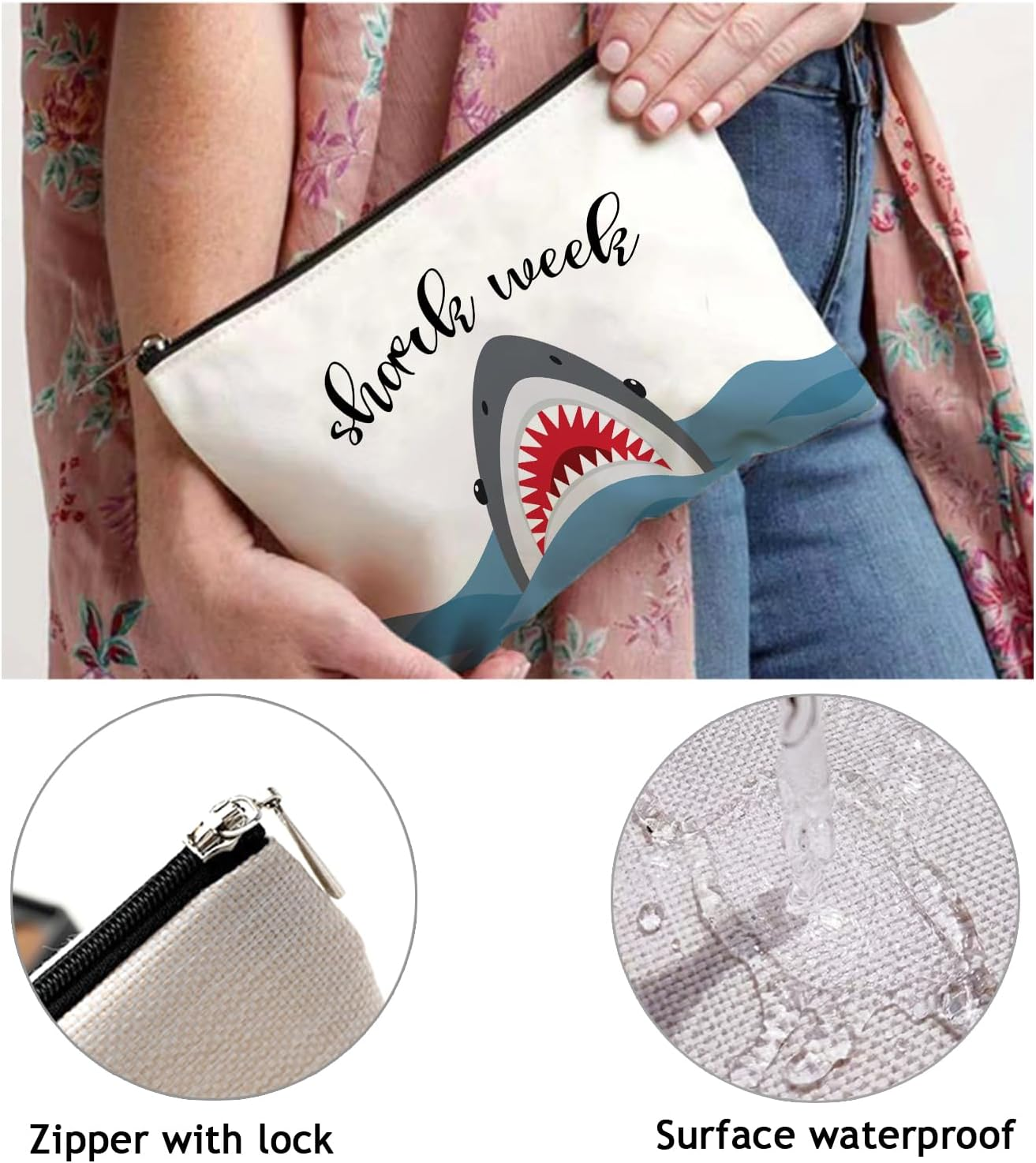 OUZ Shark Gifts for Girls Shark Gift Makeup Bag Sharks Week Gift Birthday Gifts for Shark Girl Animal Lover Gift Cosmetic Bag Graduation Gifts for Friend Sister Daughter Cosmetic Travel Pouch, Beige, image number 2