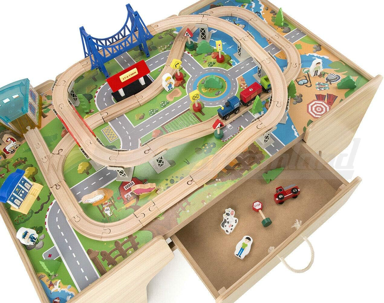 Kids Wooden Train Set Railway Activity Track Set Play Table with Storage Drawer 80PC 107(L) X63(W) X40(H) Cm image number 4