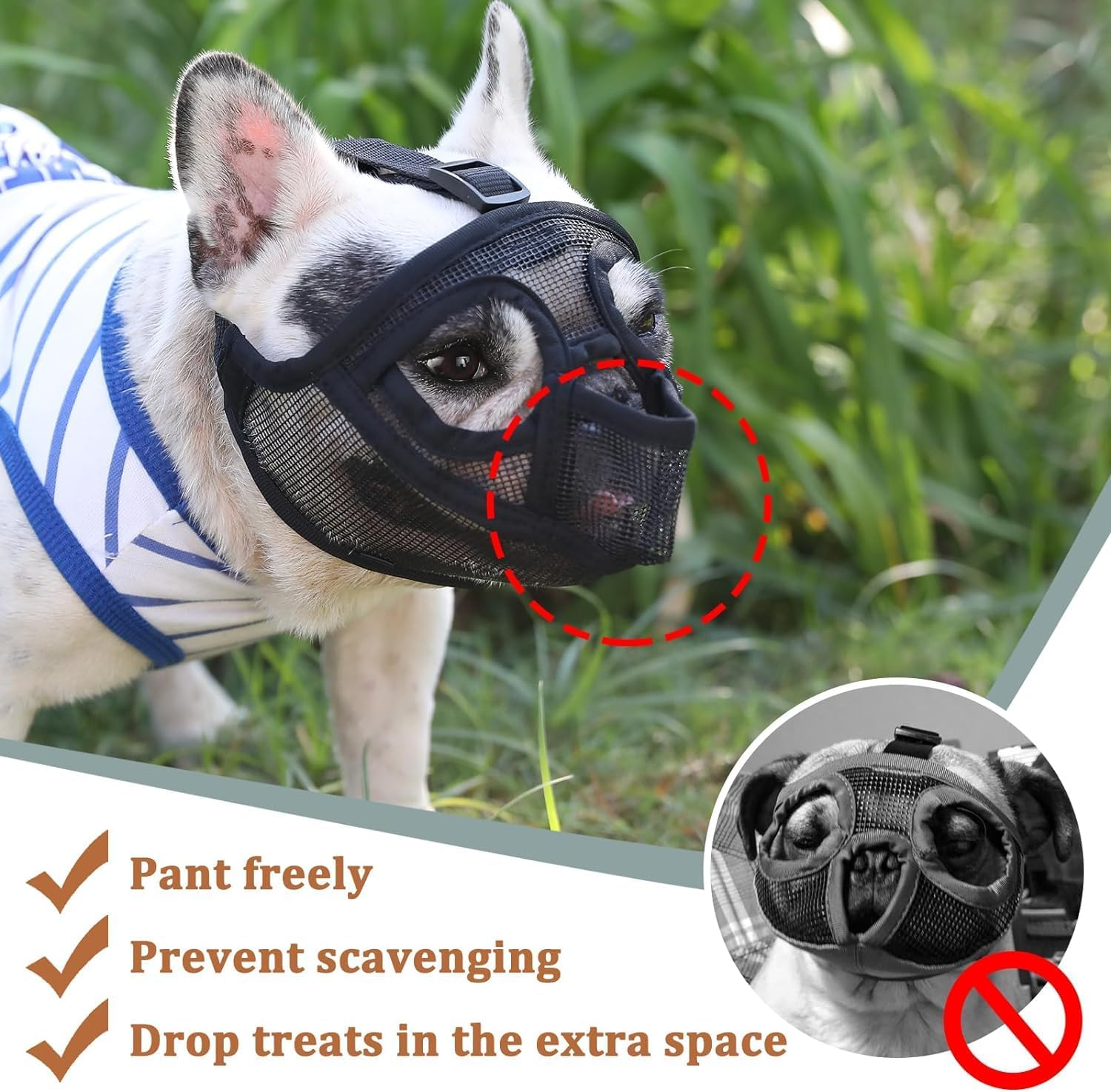 Mayerzon Short Snout Dog Muzzle, French Bulldog Muzzle with Tongue Out Design to Prevent Eating Biting Licking, Mesh Dog Muzzle for Shih Tzu Pug English Bulldog, Breathable Muzzle for Grooming Walking image number 5