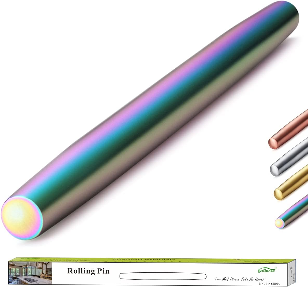 Berglander Rainbow Rolling Pin, 16.7 Inches Stainless Steel Colorful Matte Finish with Rainbow Titanium Plating Rolling Pin for Baking Pizza Dough, Pie, Cookie, Gift Ideas for Bakers.
