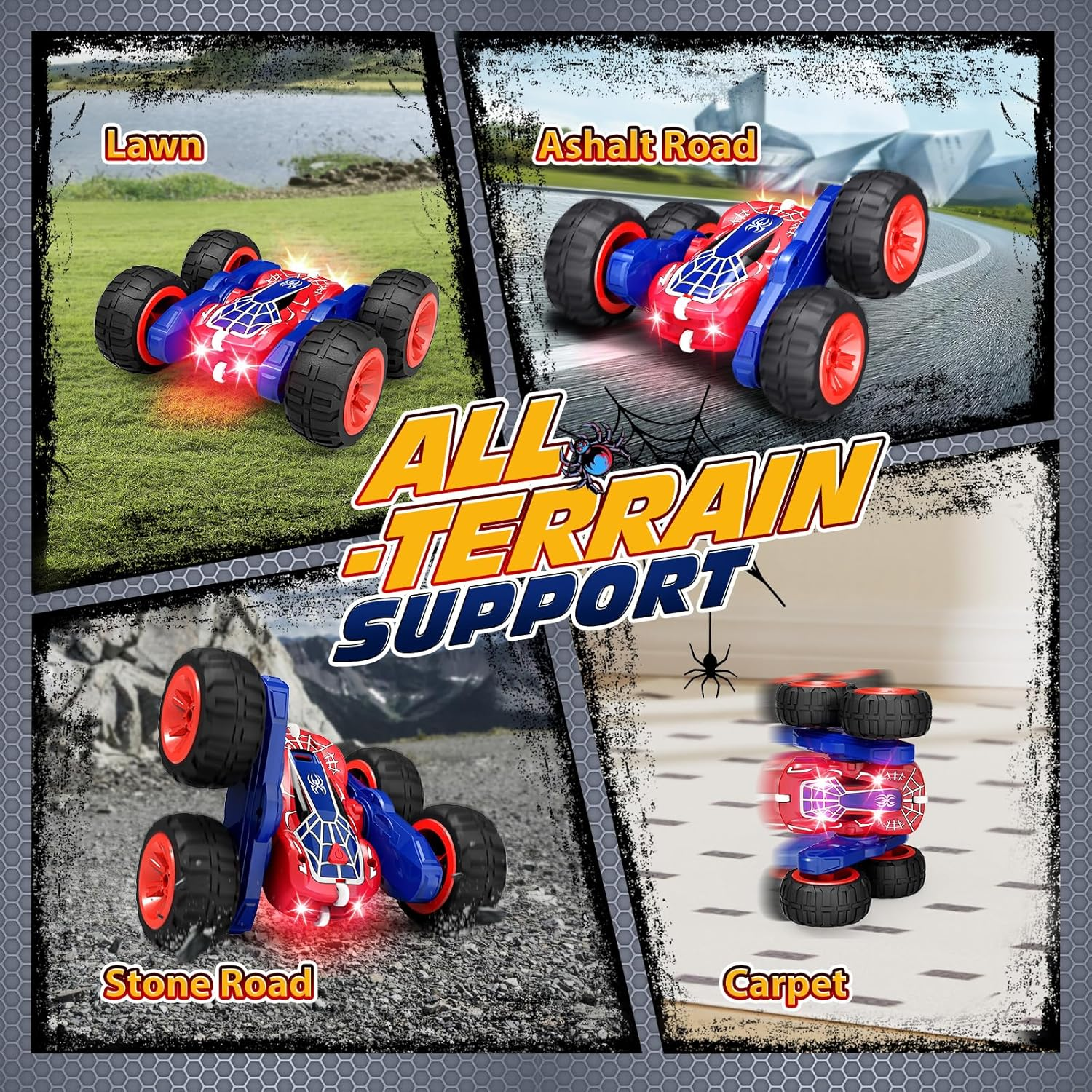 Tecnock Spider Remote Control Car, 2.4Ghz RC Cars with USB-C Easy Charging, 4WD Double Sided 360&deg; Rotates & Flips RC Stunt Car