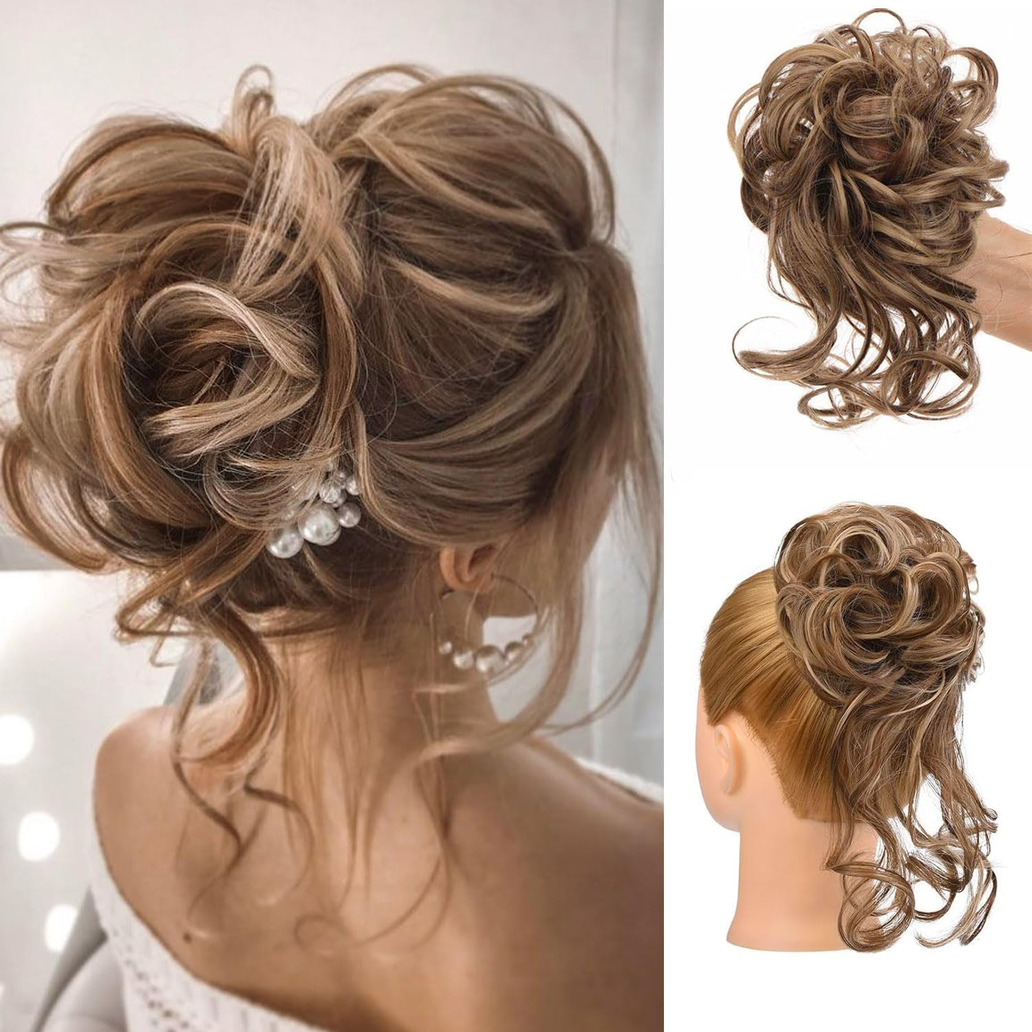 Messy Bun Hair Piece Claw Clip Synthetic Chignon Tousled Updo with Tendrils Hair Extensions Hair Bun Curly Wavy Faux Hair Bun Hair Scrunchies Hair Accessories for Women (Black Mix Medium Ash Brown)