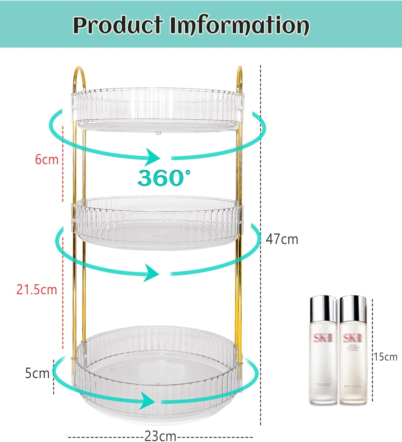 VNIMTI Skincare Organisers 360 Rotating, 3 Tier Makeup Organiser Countertop, Spinning Cosmetics Organiser Display Cases, Beauty Storage for Vanity, Countertop, Bathroom (Clear-3 Tier) - Grey image number 7