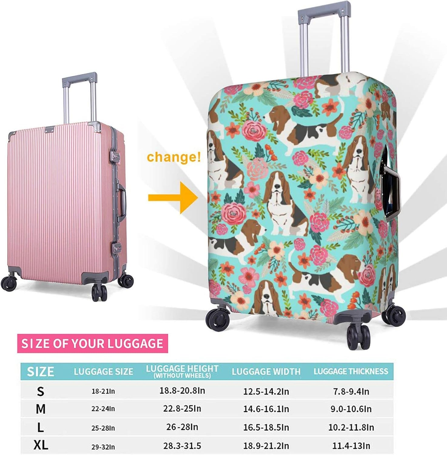 Sweet Basset Hound Florals Luggage Cover Anti-Scratch Suitcase Protector Fits 18-32 Inch Luggage