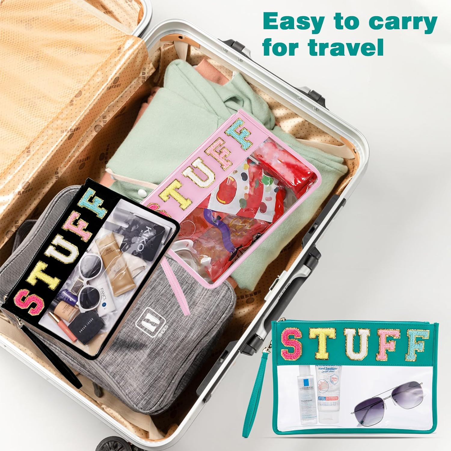 Chenille Letter Clear Zipper Pouch, Pvc&Nylon Clear Cosmetic Bags, Clear Purse, Travel Makeup Bag for Women and Children, Clear Pouches for Travel, Gym, Beach, Green, Glitter Chenille Letters image number 4